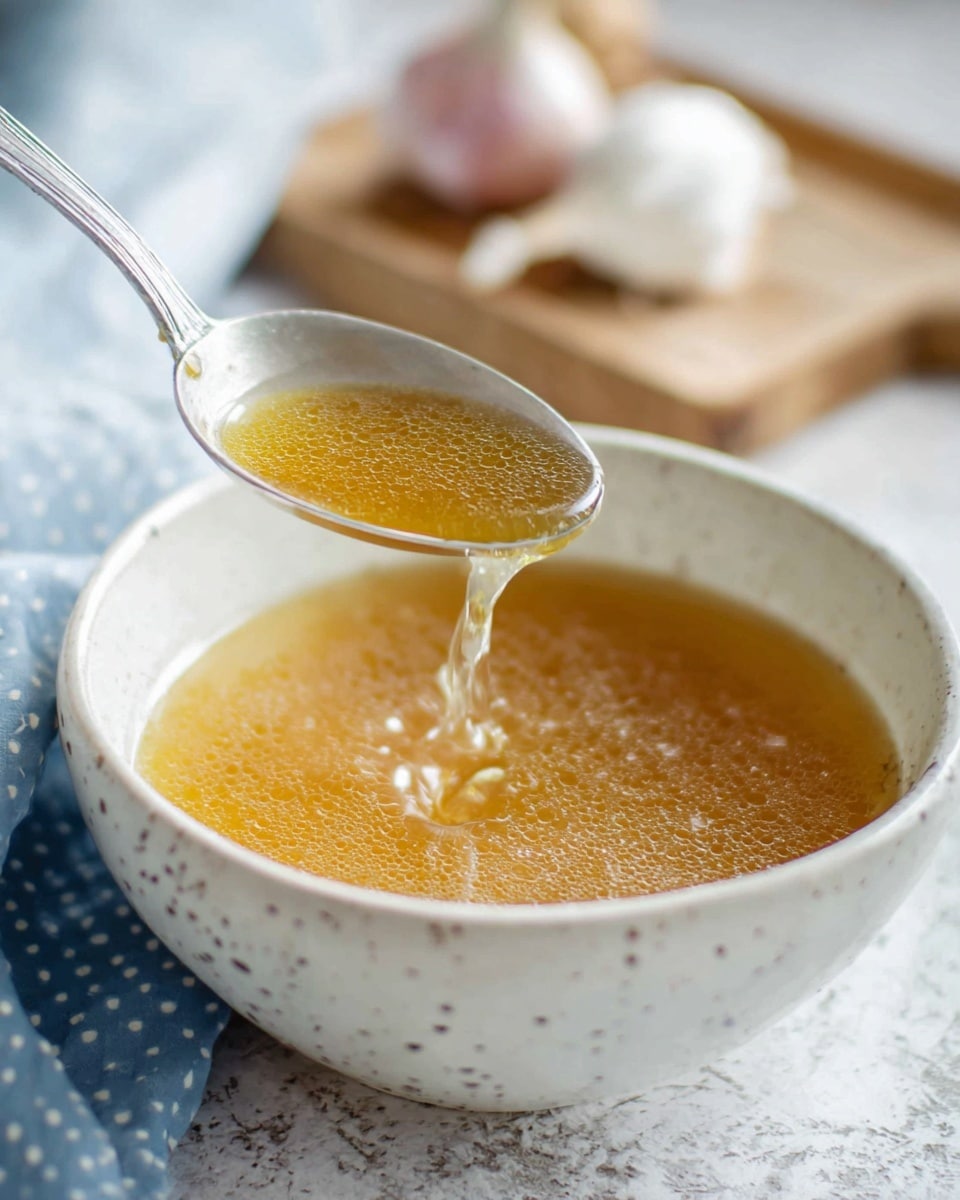 A speckled white bowl filled with a light brown, clear broth with small bubbles on the surface, and a metal ladle pouring some broth back into the bowl, creating ripples. The bowl sits on a white marbled surface next to a soft white cloth with blue polka dots. In the background, there is a blurred wooden board with garlic bulbs. Photo taken with an iphone --ar 4:5 --v 7