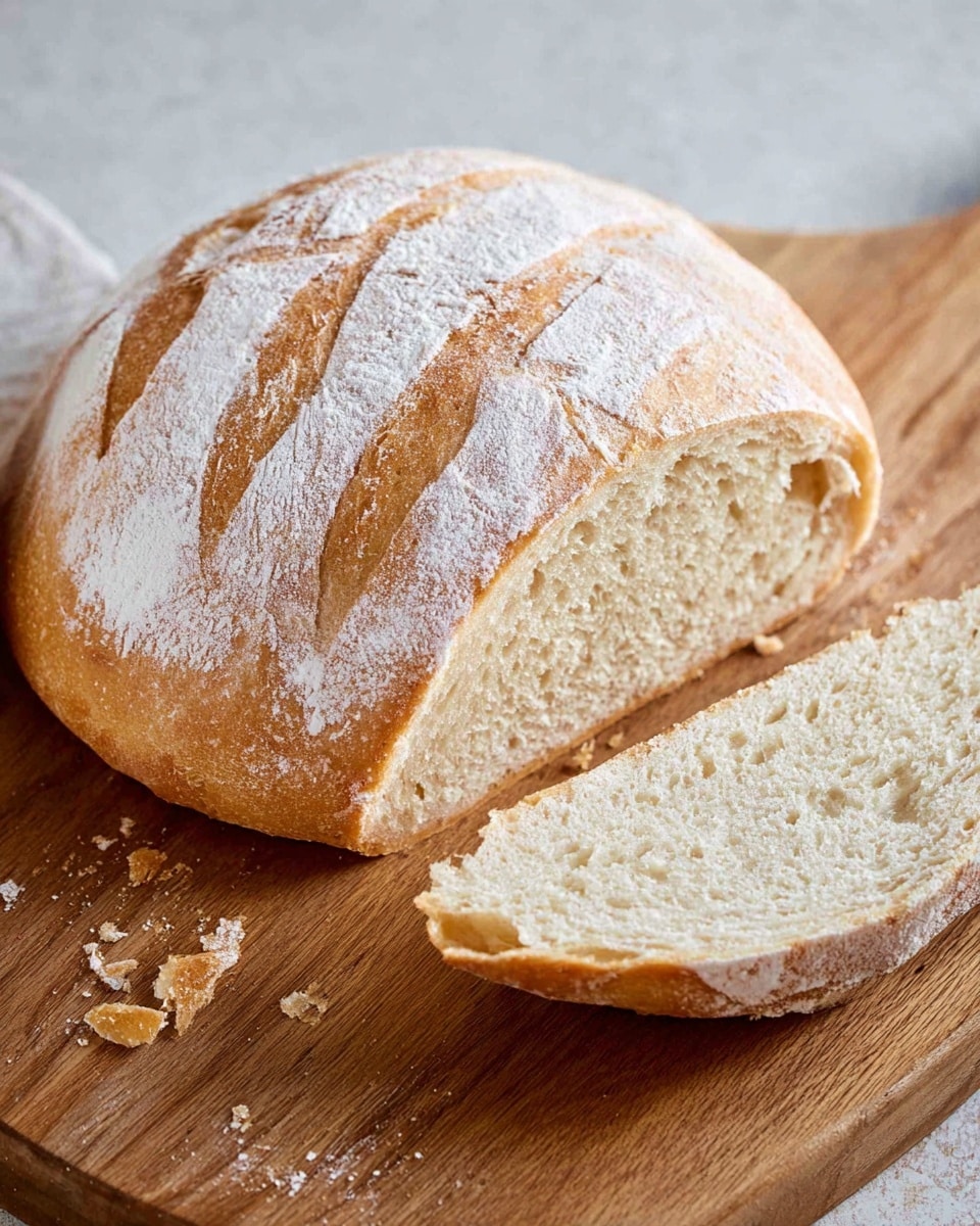 A round loaf of bread with a golden brown crust dusted lightly with white flour sits on a wooden cutting board. The top of the bread has several deep, curved slashes showing the soft, white inside. Two thick slices are cut and laid beside the loaf, revealing a light, airy texture with small holes in the crumb. The bread looks fresh and rustic, placed against a simple white marbled surface for contrast. photo taken with an iphone --ar 4:5 --v 7