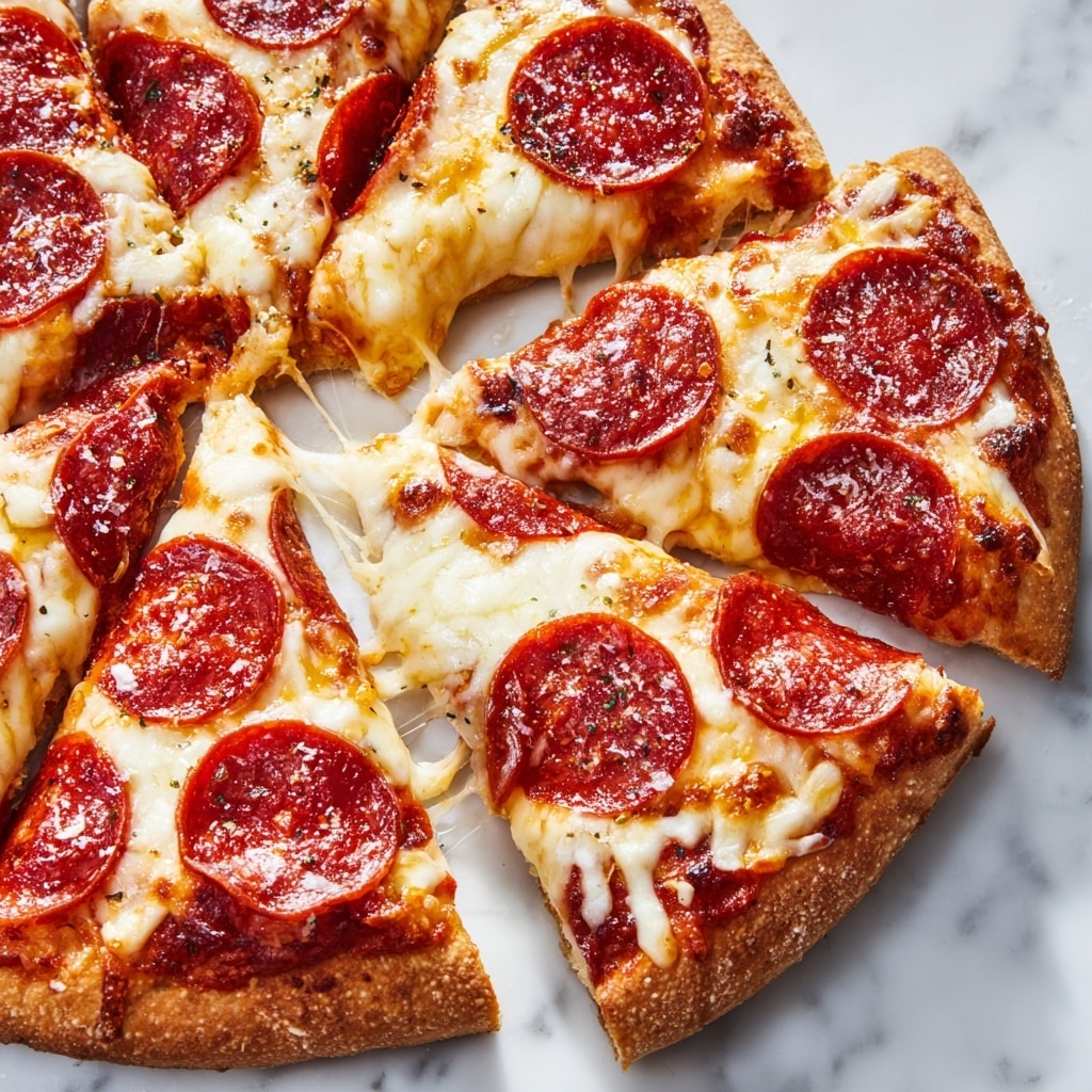 The image shows a close-up of a pepperoni pizza with a golden-brown crust. The pizza has two main layers: the bottom layer is a slightly bubbled, crisp dough with a thin coat of red tomato sauce, and the top layer is melted, creamy cheese covered with evenly spaced, round pepperoni slices that are slightly curled and crispy at the edges. Tiny bits of seasoning are visible on the cheese. A slice is partially pulled out, revealing a stretch of melted cheese between the slice and the rest of the pizza. The pizza is on white parchment paper placed on a white marbled surface. Photo taken with an iphone --ar 4:5 --v 7