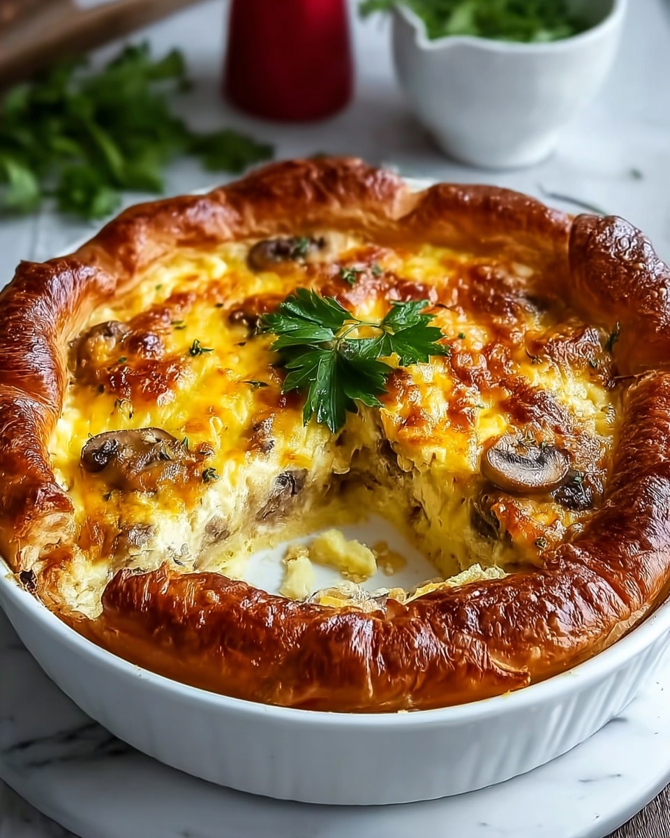 The image shows a white baking dish filled with a golden brown savory pie that has a thick, puffy crust around the edges, which is slightly crispy and dark golden. Inside, there is a creamy yellow layer with melted cheese on top that has bubbly browned spots. Underneath the cheese, chunks of mushrooms and a creamy mixture of potatoes or eggs can be seen, revealing a smooth texture mixed with tender pieces. There are a few fresh green parsley leaves placed in the center on top as garnish, adding a pop of green color. The dish sits on a white marbled surface, with a blurred background of a white bowl with green herbs and a red bottle. photo taken with an iphone --ar 4:5 --v 7