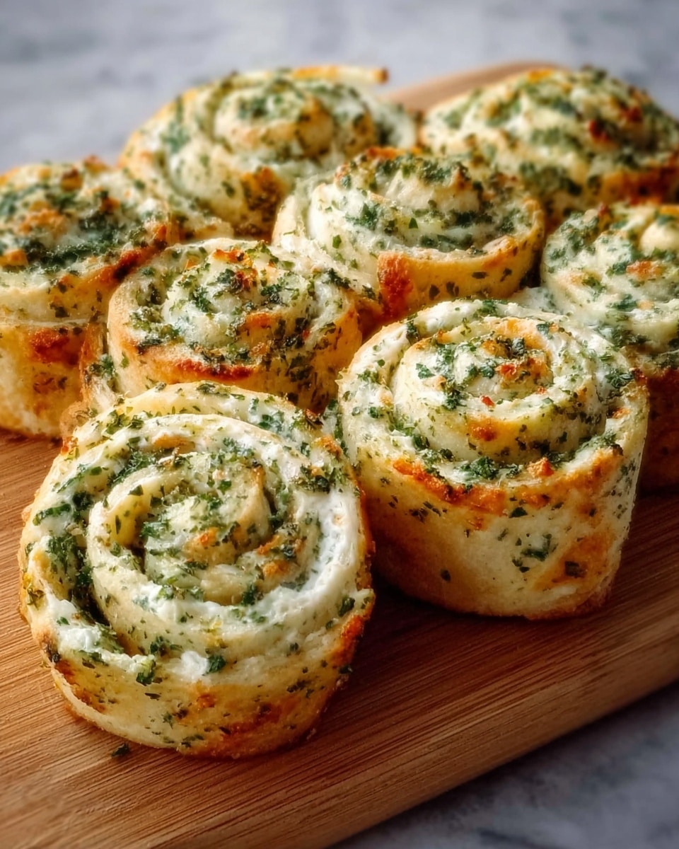 The image shows a group of seven small, round rolled-up appetizers on a light wooden board, arranged closely together. Each roll has a golden brown outer layer with specks of green herbs baked into it, giving a slightly crispy texture. Inside, there is a creamy white layer of filling with visible finely chopped green herbs mixed throughout, creating a fresh and soft contrast against the baked dough. The rolls have a spiral pattern showing the layers clearly, with the herb-filled center standing out in a swirl against the outer bread. The background is a white marbled surface, making the warm colors of the rolls pop. photo taken with an iphone --ar 4:5 --v 7