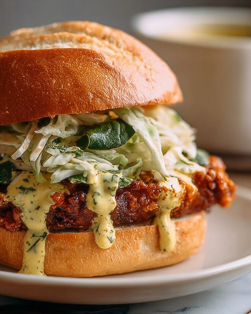 A close-up of a sandwich on a white plate shows three main layers inside a golden brown, slightly shiny, crusty bun with a soft texture. The bottom layer is a dark, crispy fried chicken piece with a rough, crunchy surface. Above the chicken is a layer of shredded white cabbage mixed with green leafy vegetables, both fresh and slightly wet. The top layer consists of a light yellow creamy sauce with visible green herb bits, drizzled generously over the chicken and cabbage, with some sauce dripping down the sides. The background surface is a white marbled texture. photo taken with an iphone --ar 4:5 --v 7