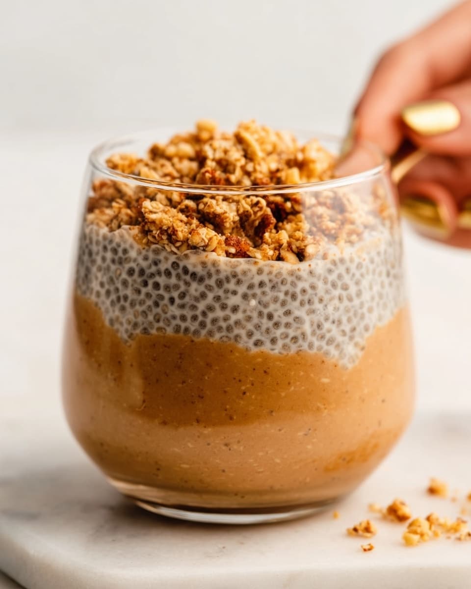 The image shows a clear glass cup containing three visible layers of a chia pudding dessert. The bottom layer is a smooth, dark brown chocolate base. Above it is a thick, pale beige chia pudding with small black chia seeds evenly spread throughout, giving a speckled texture. The top layer is a crumbly, golden-brown topping, looking crunchy and scattered loosely over the chia pudding. The glass is placed on a white marbled surface, with a soft beige background that is out of focus. Photo taken with an iphone --ar 4:5 --v 7