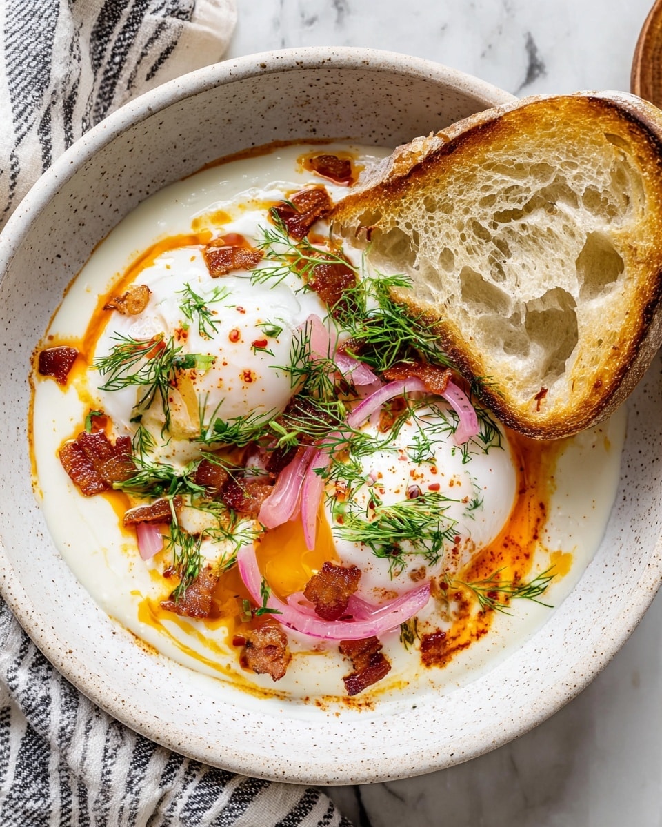 A white speckled bowl holds two poached eggs with smooth, shiny white surfaces, lying on a creamy white base sauce. Around the eggs, there are small pieces of crispy browned bacon, thin pink pickled onion slices twisting gently across the eggs, and bright green dill sprigs adding freshness. A drizzle of reddish-orange chili oil spreads over the eggs and sauce, giving a warm color contrast. On the right side of the bowl, a large piece of toasted bread with a golden-brown crust and airy, light beige interior leans against the edge. The bowl sits on a white marbled textured surface with a striped cloth nearby, creating a clean, fresh look. Photo taken with an iphone --ar 4:5 --v 7