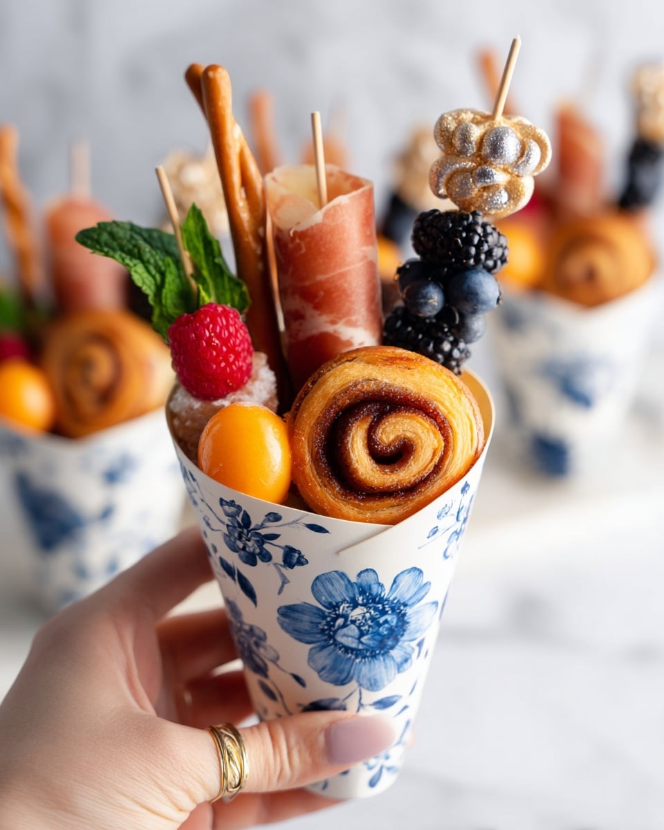 A woman's hand with a gold ring and light pink nail polish is holding a white paper cone decorated with blue floral patterns. Inside the cone, there is a small glazed cinnamon roll sitting at the front, surrounded by two orange melon balls on each side. To the left, a rolled piece of ham rests on green leafy herb leaves. Behind the cinnamon roll, there is a small round powdered sugar donut and a bright red raspberry. Two twisted breadsticks rise vertically from the back of the cone. The cone also contains fruit skewers with dark blueberries and blackberries, each topped with a small shiny silver bead. The background is a white marbled texture and slightly out of focus, showing more cones of the same type in the distance. photo taken with an iphone --ar 4:5 --v 7