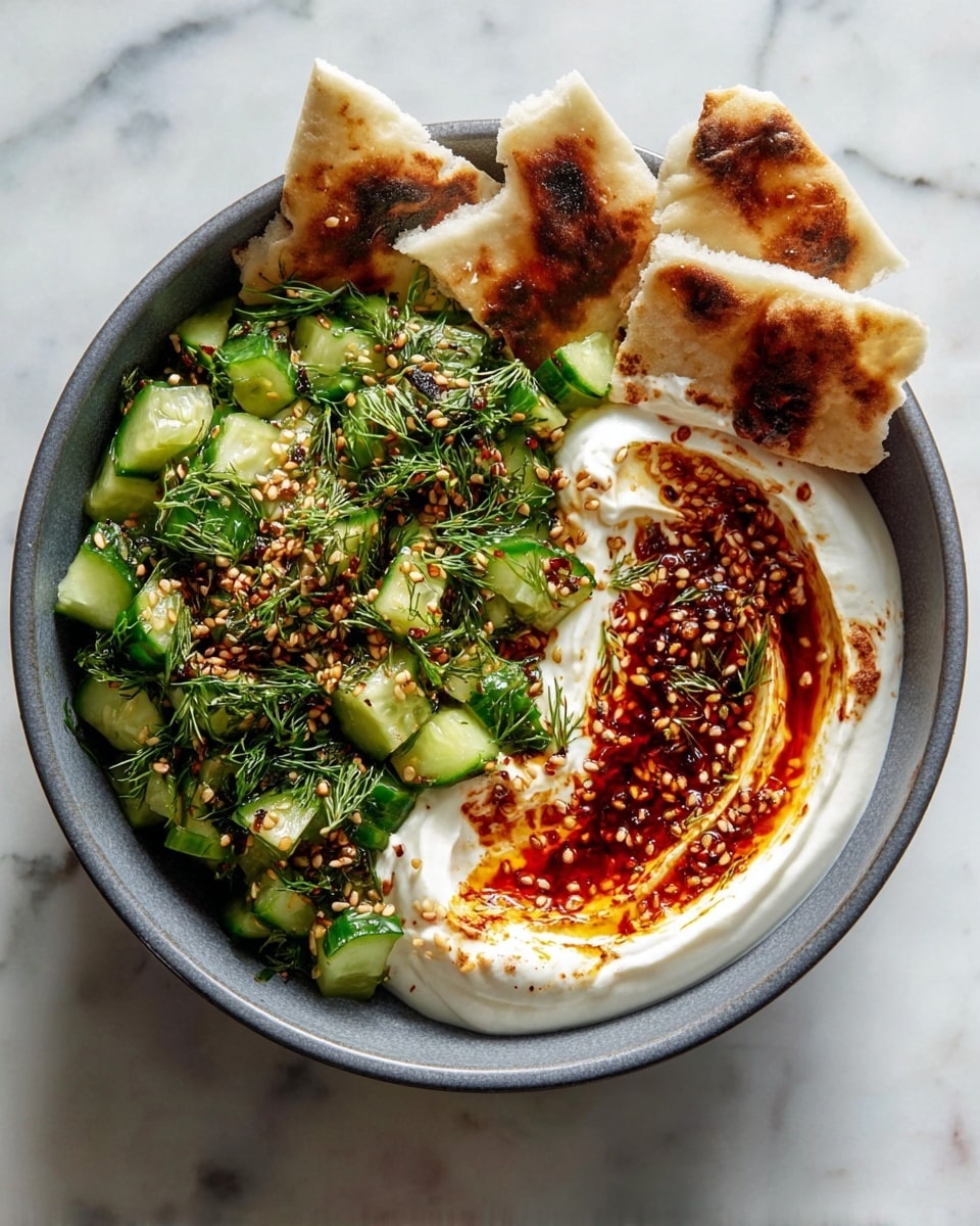 A round gray bowl on a white marbled surface contains a fresh cucumber salad and a creamy yogurt mixture. On one side, the salad is made of chopped light green cucumbers mixed with bright green dill and sprinkled with toasted sesame seeds. On the other side, the yogurt is smooth and white with a swirl of deep red chili oil and scattered sesame seeds on top. Around the bowl, pieces of lightly toasted flatbread with golden brown spots lie on the white marbled surface. photo taken with an iphone --ar 4:5 --v 7