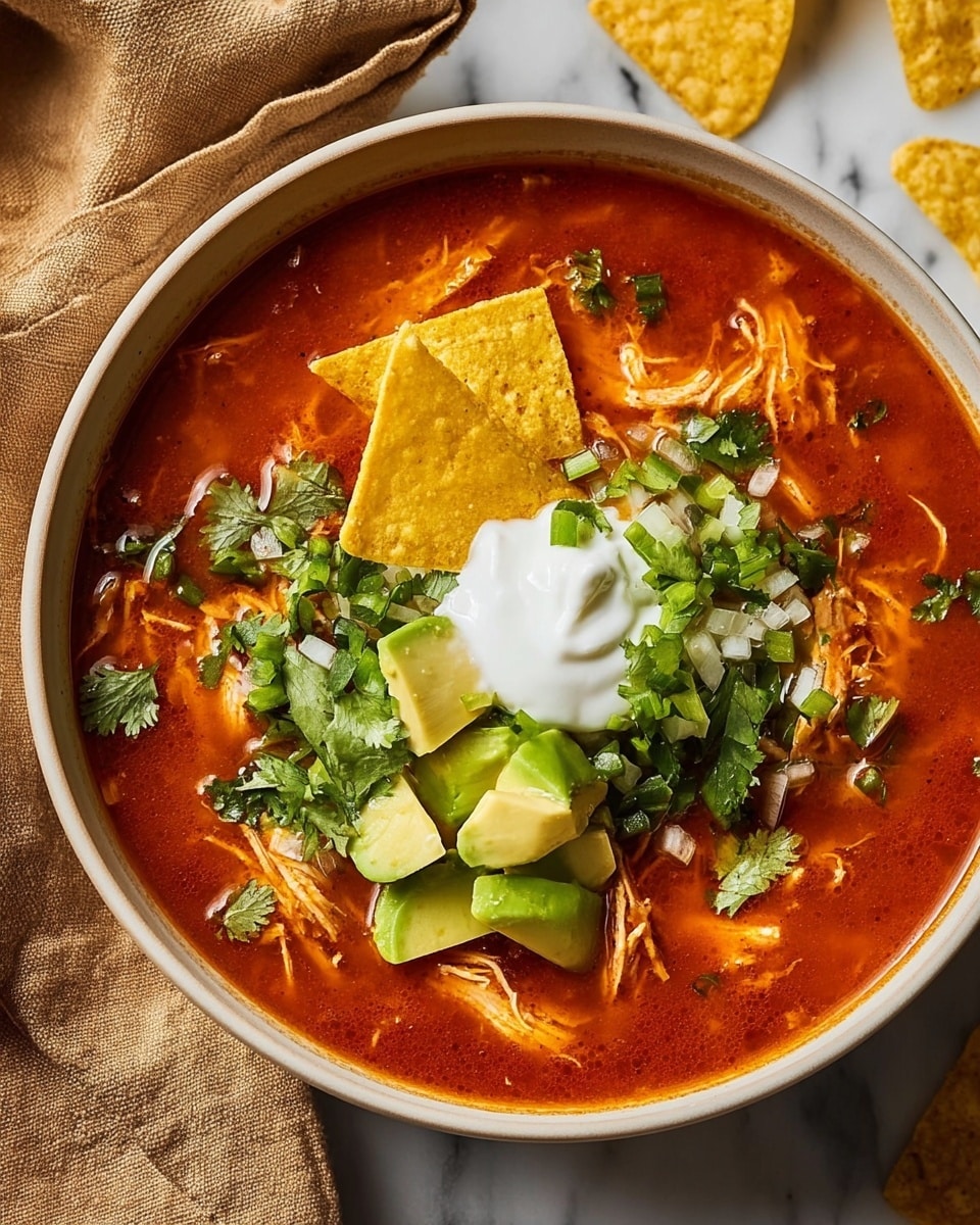 A white bowl filled with a rich red-orange soup, with shredded chicken visible under the surface. On top, there is a dollop of white sour cream in the center. Around the sour cream, there are three yellow tortilla chips partially dipped in the soup. Green chopped avocado pieces and finely sliced green onions sit on one side, mixed with bright green fresh cilantro leaves scattered generously over the top. Small bits of white diced onion are mixed in with the greens. The bowl is placed on a white marbled background alongside a tan cloth and some more scattered tortilla chips. Photo taken with an iphone --ar 4:5 --v 7