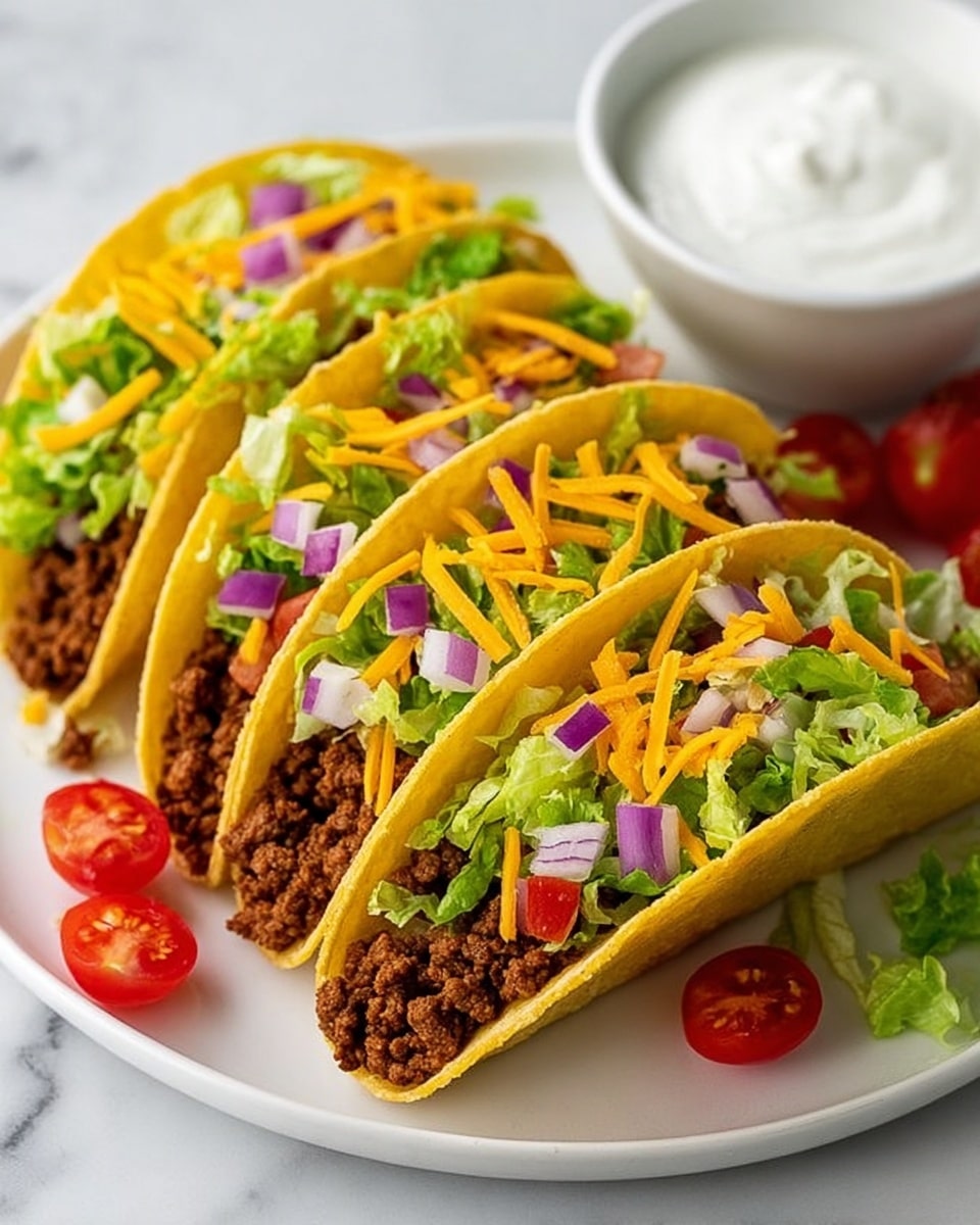 Four hard shell tacos are lined up on a white plate placed on a white marbled surface. Each taco has four layers: a yellow taco shell, a layer of cooked ground beef at the bottom, topped with chopped green lettuce, followed by diced red tomatoes and diced purple onions, and finished with shredded orange cheddar cheese scattered on top. Small pieces of lettuce, tomato, and onion are scattered around the plate. A white bowl filled with creamy white sour cream sits near the top right of the plate. The photo was taken with an iphone --ar 4:5 --v 7