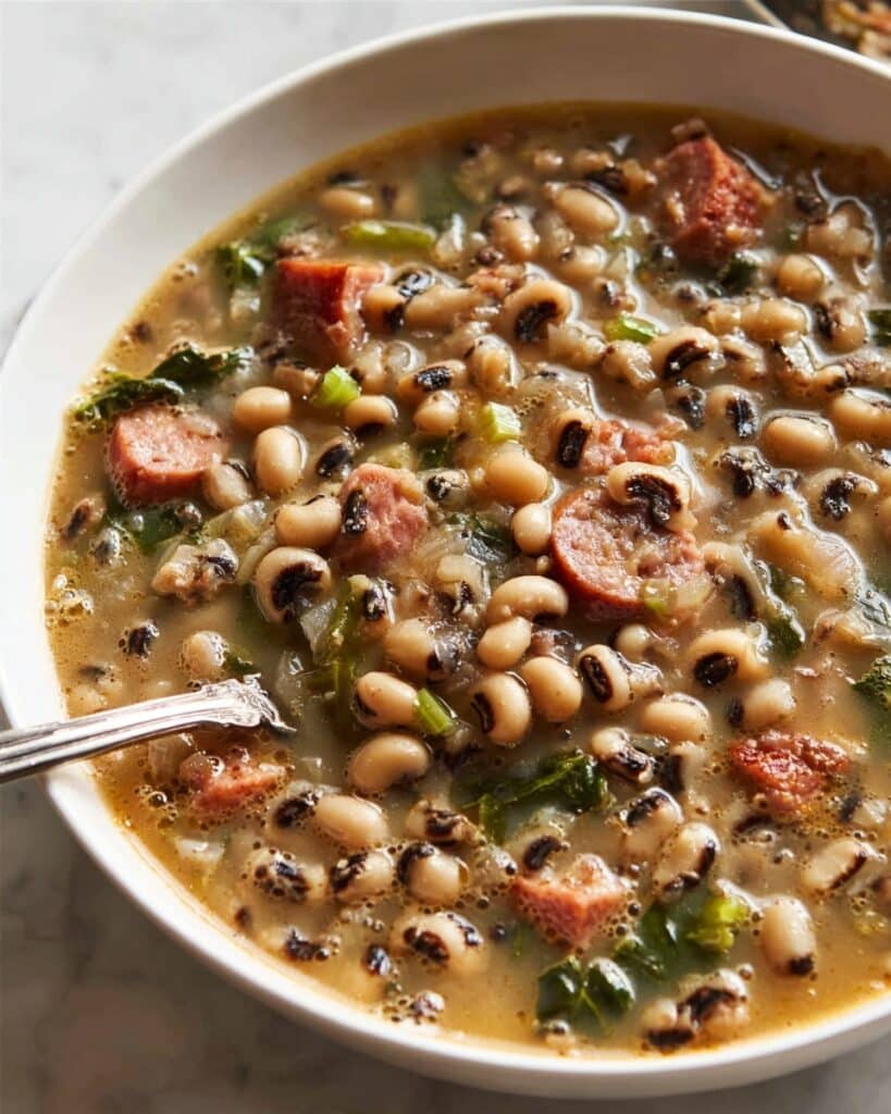 Southern Black-Eyed Peas with Bacon, Sausage, and Collard Greens Recipe