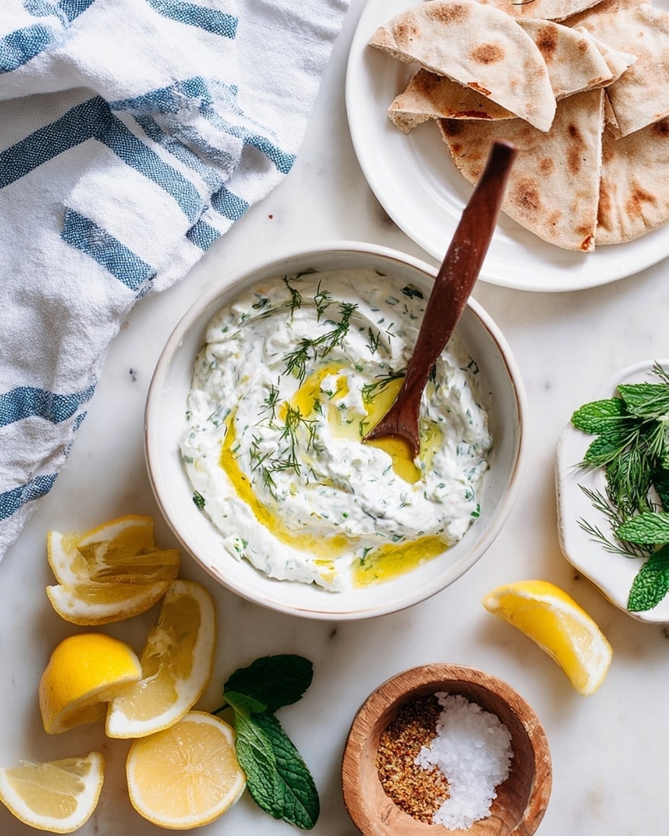 A white bowl in the center is filled with a creamy white dip with green herb pieces mixed in, topped with drizzles of golden olive oil and sprinkled with fresh dill. A small wooden spoon with a dark handle rests inside the bowl, partially covered by the dip. Around the bowl, there are several quartered bright yellow lemon wedges, a white plate holding folded pieces of light brown pita bread, and a small white dish with fresh green mint leaves on it. Near the bowl, there is a small wooden bowl of salt with some brown spice mixed in. A white cloth with blue stripes is draped on the white marbled surface, creating a cozy scene of a simple Mediterranean snack setup. photo taken with an iphone --ar 4:5 --v 7