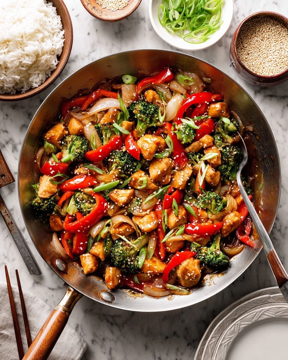 In a large metal pan, there is a colorful stir-fry with several layers of ingredients. The bottom layer consists of shiny, cooked chunks of chicken in a brown sauce. On top of the chicken, bright red strips of bell pepper and orange carrot slices create bold splashes of color. Green broccoli florets add a fresh, textured layer as well, mixed throughout the dish alongside soft, translucent onion slices. The stir-fry is sprinkled with thinly sliced green onions and small white sesame seeds for extra detail and contrast. Around the pan on a white marbled surface, there is a bowl of white rice, a small bowl of sliced green onions, a bowl with sesame seeds, and a white plate with wooden chopsticks. photo taken with an iphone --ar 4:5 --v 7