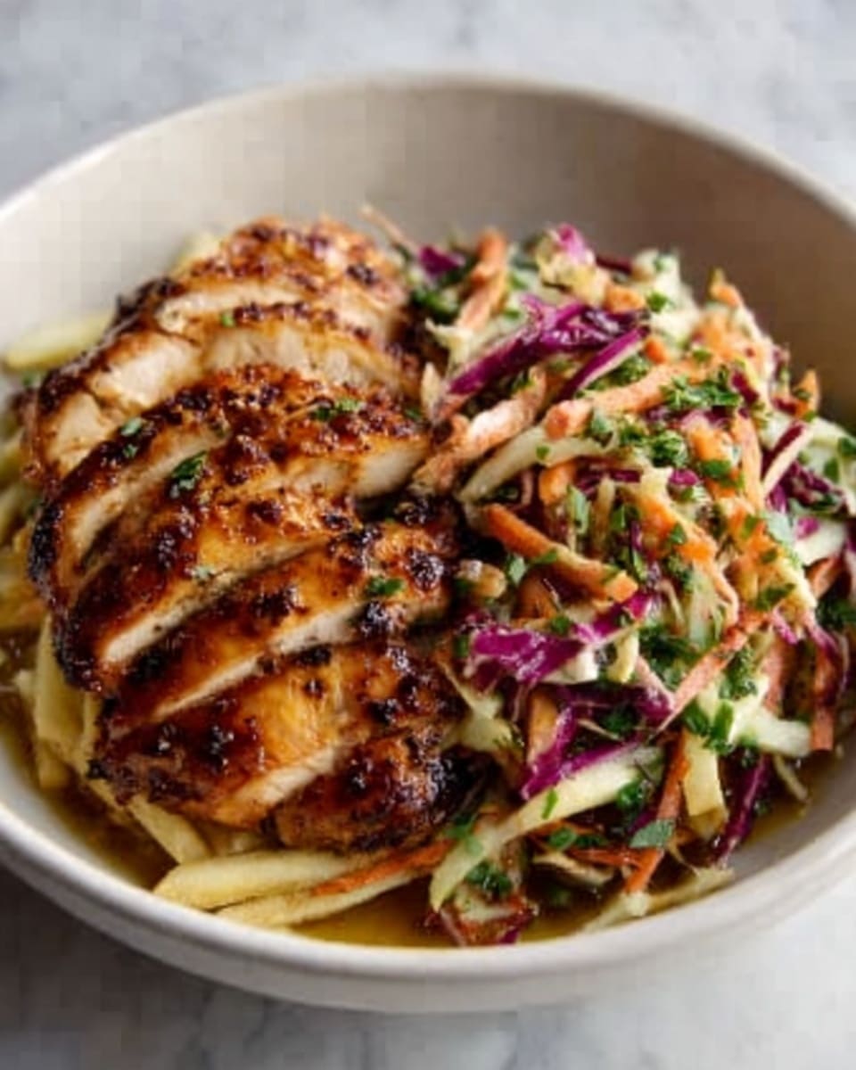 A white bowl holds sliced grilled chicken with a golden-brown, slightly charred outside, arranged in a neat row on one side. Next to the chicken is a colorful slaw made of shredded purple cabbage, orange carrots, and green herbs, all mixed with a light dressing. Underneath the chicken and slaw is a layer of thin, pale yellow fries, peeking out from the edges. The food looks fresh and vibrant, placed on a white marbled surface. photo taken with an iphone --ar 4:5 --v 7
