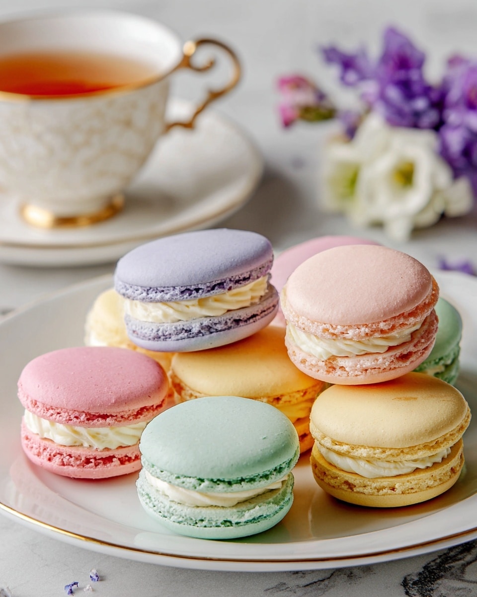 The image shows a white plate with a gold rim holding seven colorful French macarons stacked and grouped together. Each macaron has two smooth, rounded shells with a slightly rough edge and is sandwiched with a creamy filling layer in the middle. The macarons are in pastel colors: pink, light blue, yellow, purple, peach, green, and another pink in the background. The creamy filling is light yellow or white with a soft texture. The plate is placed on a white marbled surface, and in the background, there is a white teacup and saucer with a soft beige drink inside, along with some delicate flowers adding a gentle touch to the scene. photo taken with an iphone --ar 4:5 --v 7
