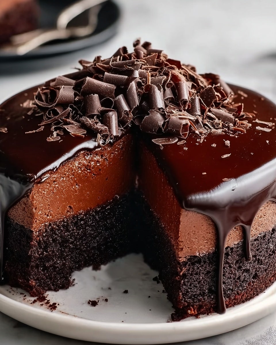 A close-up of a two-layer chocolate cake on a white plate, placed on a white marbled surface. The bottom layer is a dark, moist chocolate cake with a slightly rough texture, and the top layer is a lighter, smoother chocolate mousse. The cake is covered with shiny, smooth dark chocolate glaze that drips slightly over the edges. On top, there is a pile of dark chocolate curls with a rich and glossy texture. A piece of the cake is cut out, showing the clear difference between the two layers. photo taken with an iphone --ar 4:5 --v 7