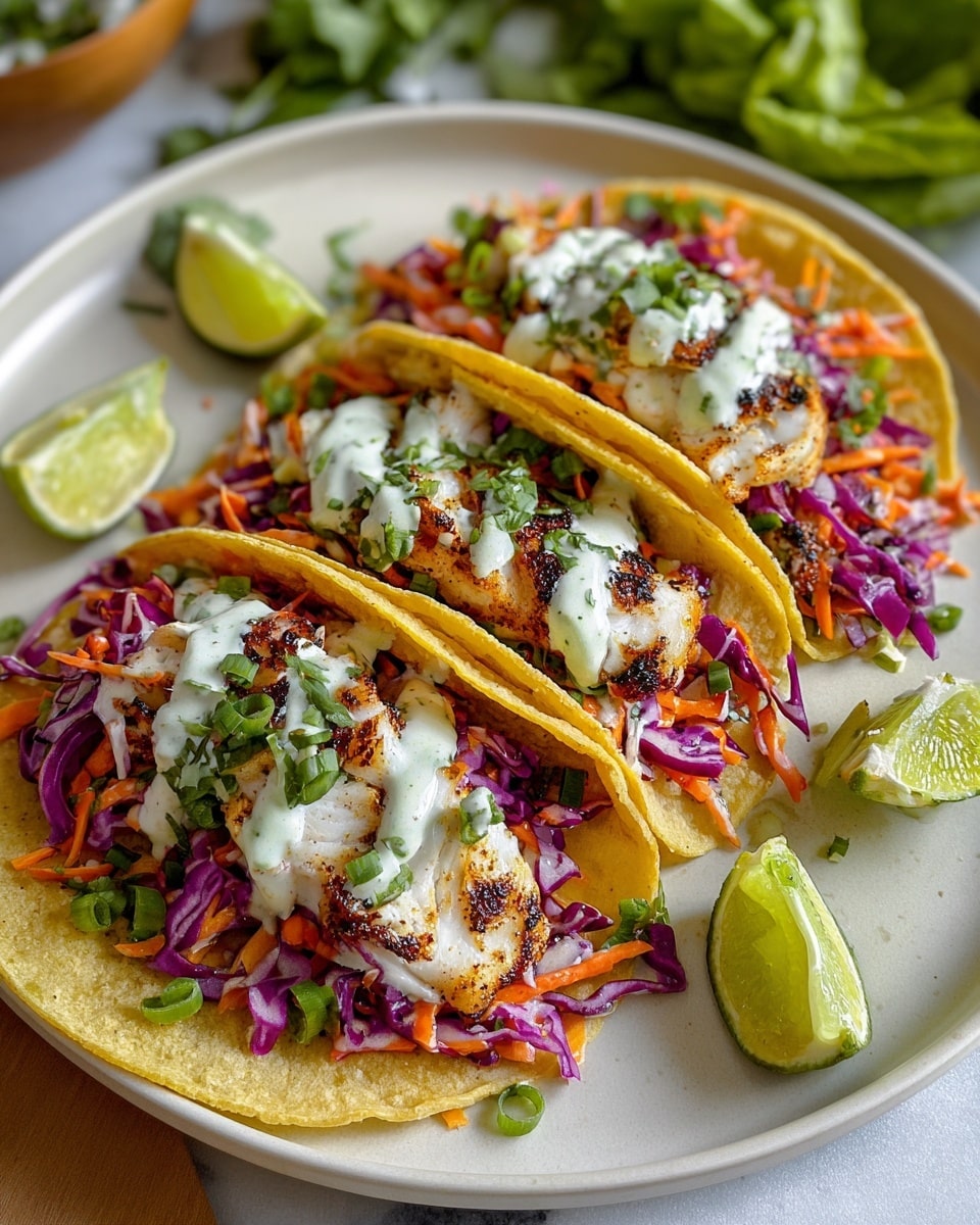 The image shows three fish tacos arranged on a white plate with a white marbled surface underneath. Each taco has two soft yellow corn tortillas stacked, holding a base layer of colorful shredded purple and orange cabbage slaw, topped with grilled white fish pieces that have charred marks. On top, there is a drizzle of creamy white sauce with green herbs mixed in, scattered with chopped green onions and cilantro. Lime wedges are placed around the tacos, and fresh green lettuce is seen in the background. photo taken with an iphone --ar 4:5 --v 7