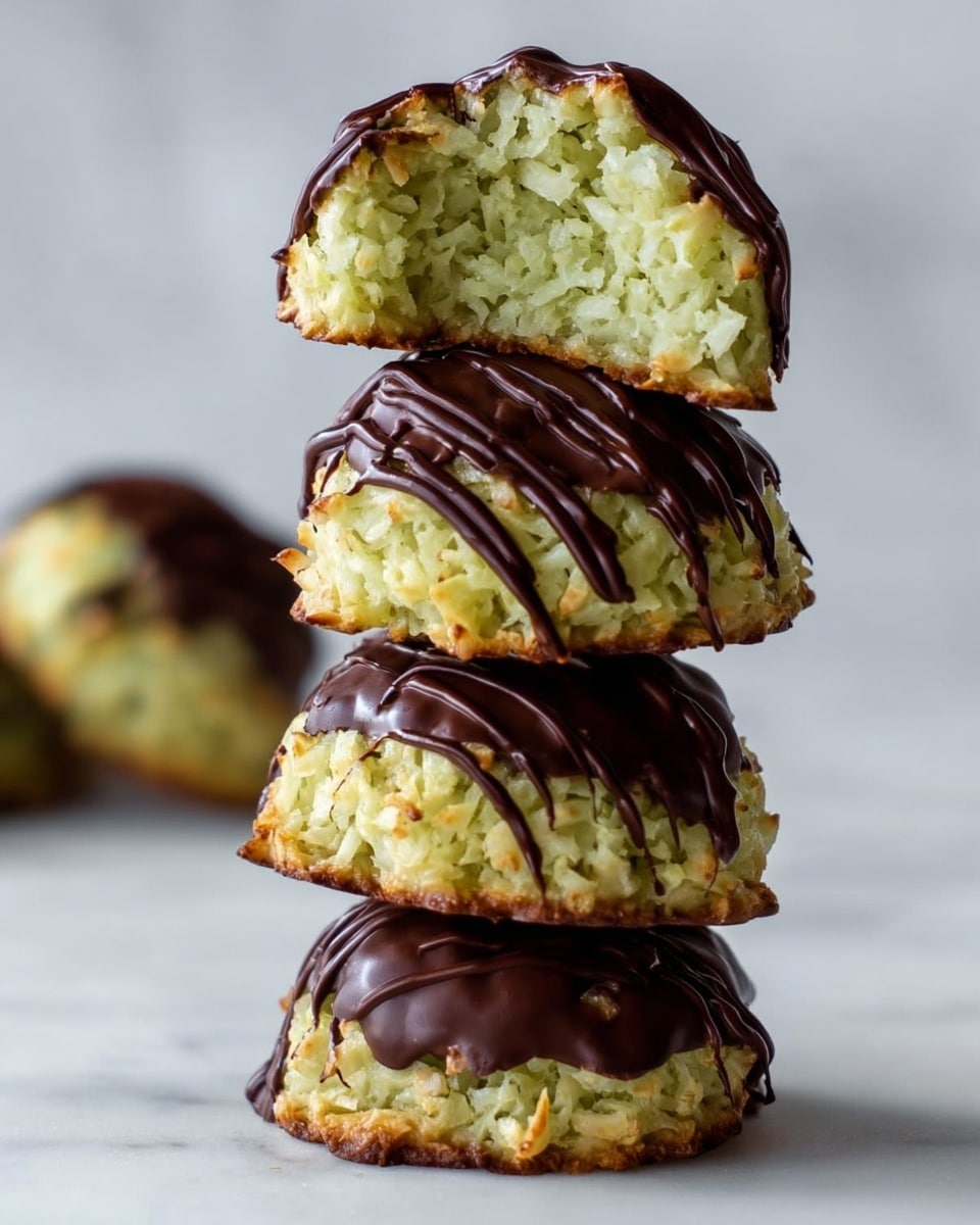 The image shows a stack of four round coconut macaroons with a pale greenish-yellow color and a moist texture made of shredded coconut. Each macaroon's bottom half is dipped in dark chocolate, creating a smooth, glossy dark brown base. The tops have thin, shiny dark chocolate drizzles in uneven lines, adding contrast. The top macaroon is cut in half, showing its soft, chewy inside with shredded coconut clearly visible. The stack is placed on a white marbled surface with soft lighting, making the colors and textures stand out. photo taken with an iphone --ar 4:5 --v 7