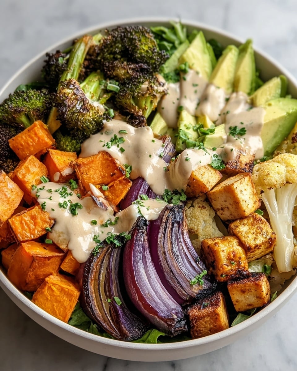 A white bowl filled with a colorful mix of roasted vegetables. Starting from the left, there is a green leafy base layer, topped with roasted broccoli florets that are dark green with some charred spots. Next to the broccoli, bright orange roasted sweet potato cubes contrast with deep purple roasted red onion slices placed in the center, all drizzled with a light creamy beige sauce sprinkled with green herbs. On the right side, there are golden brown roasted tofu cubes with browned edges, light roasted cauliflower florets, pale green sliced avocado, and roasted carrot sticks that have char marks. The bowl sits on a white marbled surface. photo taken with an iphone --ar 4:5 --v 7