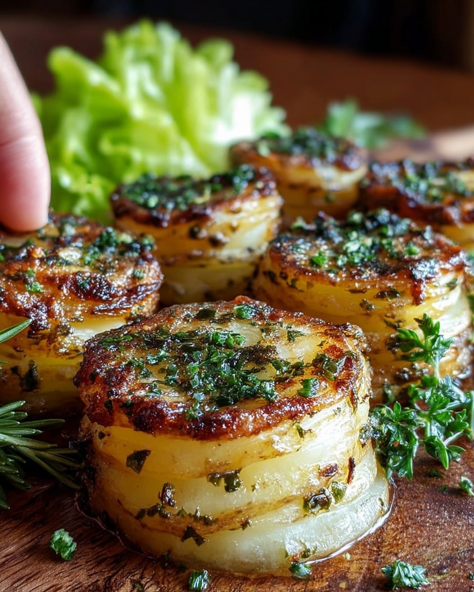 The image shows several round potato stacks with three visible layers, each layer thinly sliced and stacked neatly. The potatoes have a golden-brown crispy top layer with a slightly charred texture, sprinkled evenly with finely chopped green herbs. The sides of the potato stacks reveal soft, pale yellow layers with bits of herbs embedded. They are placed on a wooden surface with fresh sprigs of herbs around them, and there is a bright green lettuce leaf in the background. A woman's hand is gently reaching towards one stack. photo taken with an iphone --ar 4:5 --v 7