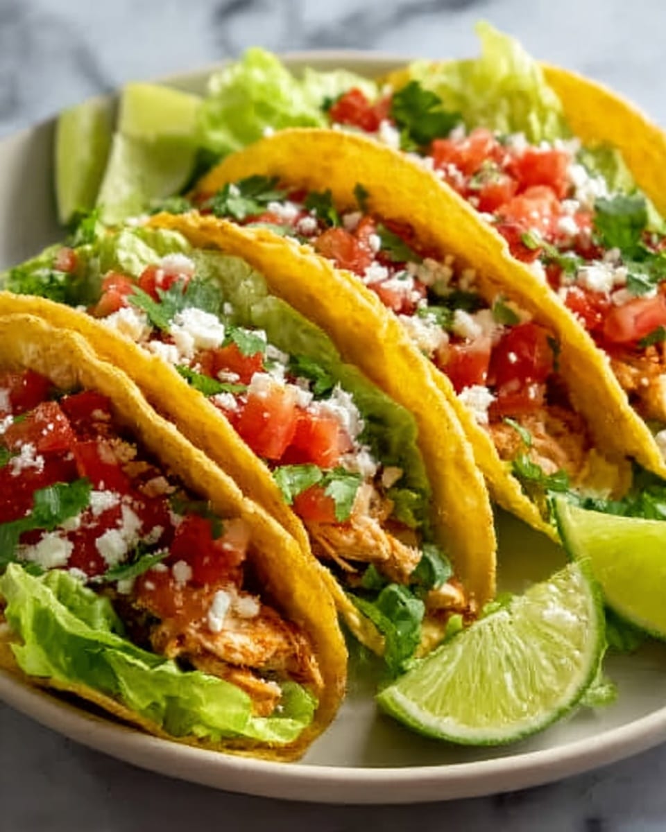 The image shows three soft yellow corn tacos on a white plate, each taco filled with layers starting with fresh green lettuce at the bottom, topped with small chunks of light brown cooked chicken, then a bright mix of finely chopped red tomatoes and green cilantro, and finally sprinkled with crumbled white cheese on top. A few lime wedges are placed beside the tacos on the plate, which sits on a white marbled surface. Photo taken with an iphone --ar 4:5 --v 7