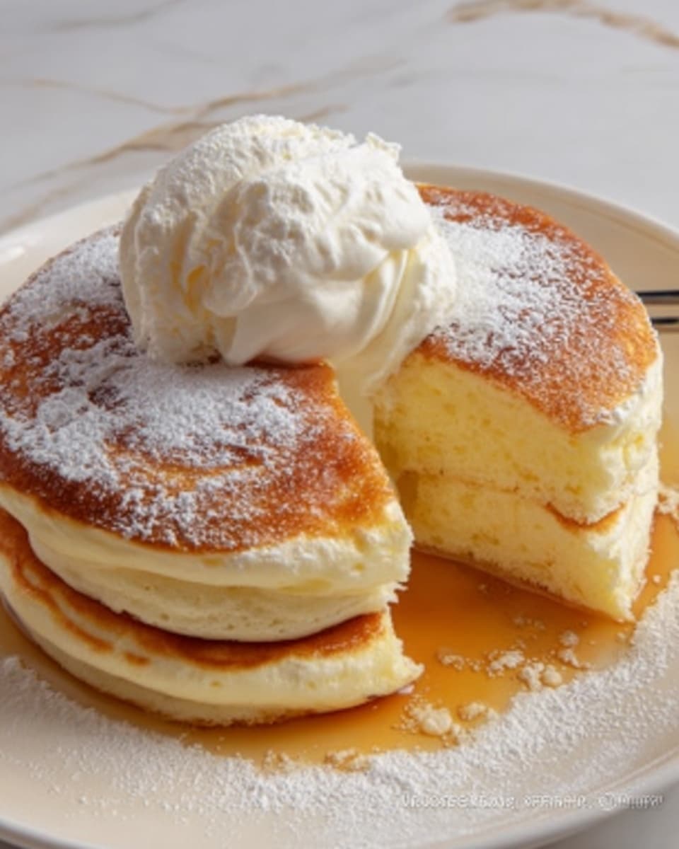 The image shows a stack of three thick, fluffy pancakes on a white plate. The pancakes are golden brown on the outside with a soft and airy texture inside, as the top pancake is slightly lifted revealing its light interior. A dollop of white whipped cream sits on top, melting a bit into the pancake below, and a dusting of fine white powdered sugar is sprinkled over the stack. The plate rests on a white marbled surface with some syrup droplets around it. Photo taken with an iphone --ar 4:5 --v 7