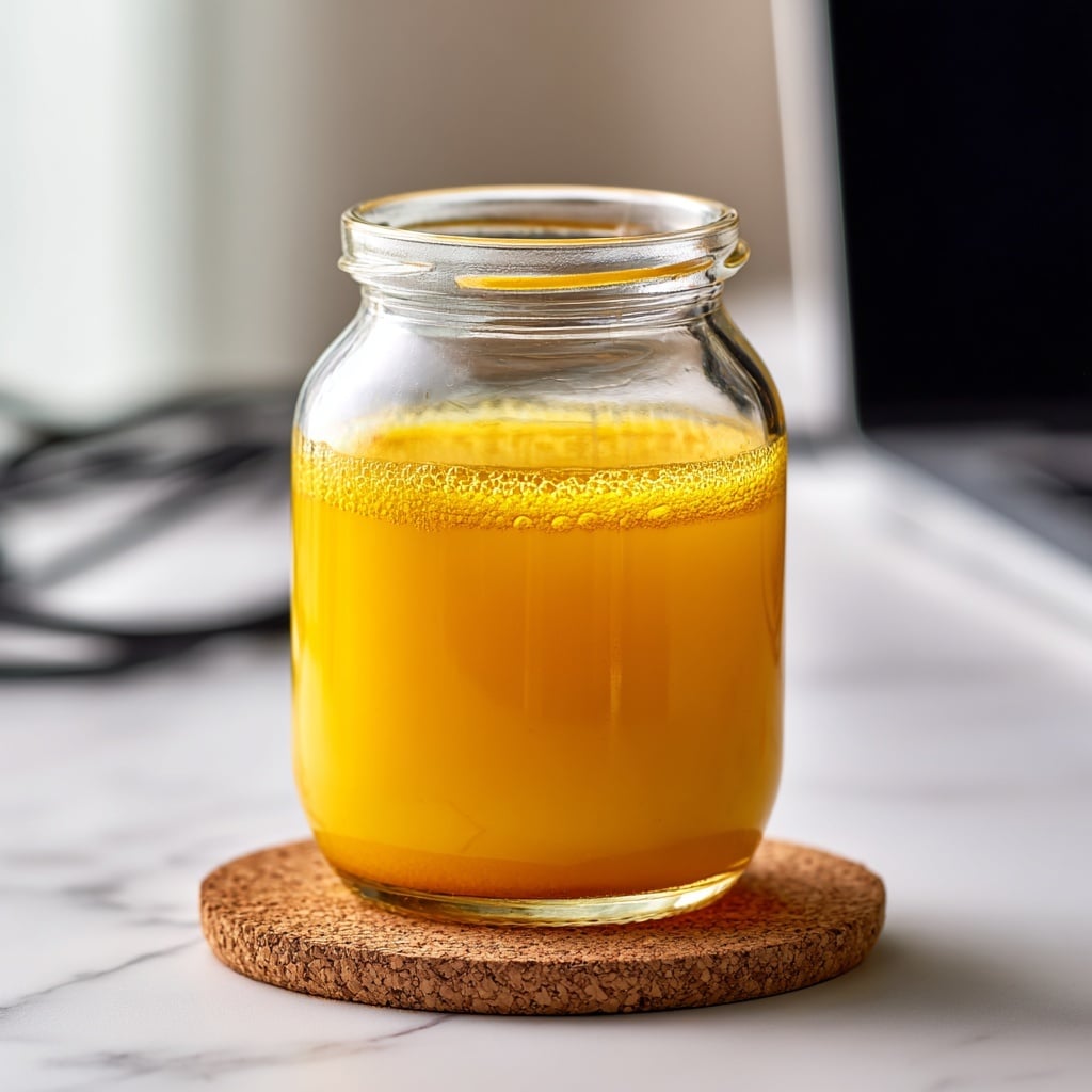 A clear glass jar filled with bright yellow turmeric water sits centered on a round cork coaster, placed on a white marbled surface. The jar has a slight texture with an embossed design on the front, and condensation is visible on the inside near the top. The turmeric water fills about three-quarters of the jar, showing a smooth liquid layer with a few tiny bubbles on the surface. The background is softly blurred, highlighting the jar as the main focus. photo taken with an iphone --ar 4:5 --v 7