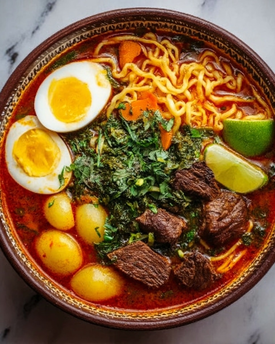 A white bowl filled with a rich, reddish broth containing yellow noodles twisted and settled in the center-right. Around the noodles, there are two halves of a boiled egg with bright yellow yolks on the left side, three whole small yellow potatoes near the eggs, and chunks of dark brown meat scattered mostly on the lower center. Fresh green herbs and chopped greens are sprinkled mostly on the top-left side. Two lime slices rest near the top right, adding a bright green contrast, and small pieces of orange carrot appear near the center-bottom. The bowl is placed on a white marbled surface. Photo taken with an iphone --ar 4:5 --v 7