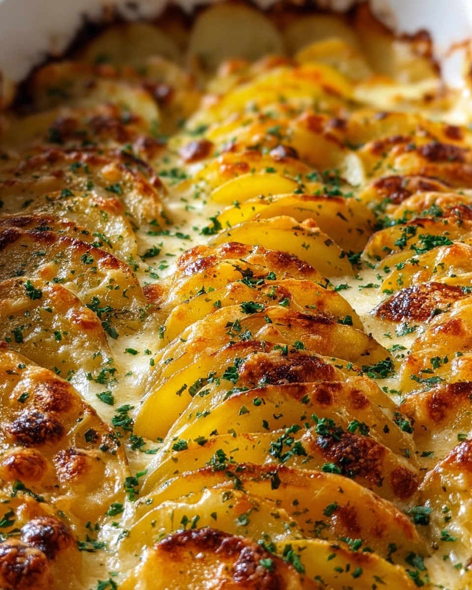 The dish is a close-up view of a baked potato gratin in a white baking dish, showing multiple layers of thinly sliced yellow potatoes arranged upright and overlapping each other in neat rows. Each potato slice has a crispy, golden brown crust with melted cheese that looks bubbly and slightly browned. The creamy sauce is visible between the potato slices, giving a rich, smooth texture. Finely chopped green herbs are sprinkled evenly on top, adding a fresh contrast to the golden tones. The white marbled texture surface beneath the dish adds subtle elegance to the warm, comforting look of the gratin. photo taken with an iphone --ar 4:5 --v 7