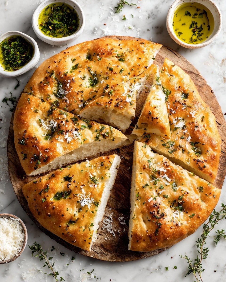 The image shows a round, thick flatbread cut into four large pieces, placed on a wooden board. The flatbread has a golden brown top with melted cheese that looks creamy and slightly bubbly. It is sprinkled with chopped green herbs, likely parsley or chives, adding a fresh green touch. The bread surface has a soft, slightly fluffy texture with small browned spots. Around the board, there are small bowls with grated cheese and green herbs, all set on a white marbled surface. photo taken with an iphone --ar 4:5 --v 7