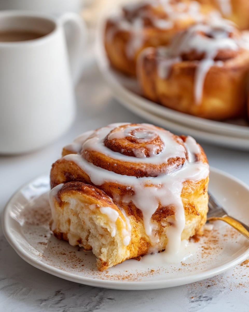 A close-up image of a single cinnamon roll on a white plate, showing about four thick dough layers in a spiral shape with a golden-brown crust. The cinnamon roll is topped with white icing that drips slowly down the sides, adding a glossy texture. The surface of the cinnamon roll displays a soft, fluffy interior with a slightly crispy outer layer. There is a light dusting of cinnamon powder scattered on the plate around the roll. In the blurred background, parts of other cinnamon rolls and a white cup can be seen, all set on a white marbled textured surface. Photo taken with an iphone --ar 4:5 --v 7