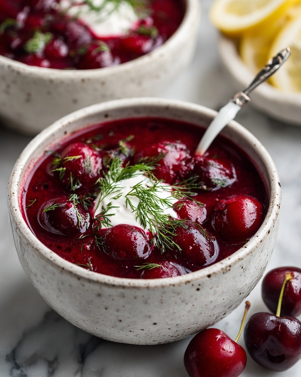 A white bowl filled with bright red cherry soup containing whole cherries, creating a thick, juicy texture with a shiny surface. A dollop of white cream sits in the middle, surrounded by several green dill sprigs placed on top for garnish. A silver spoon with a white handle rests inside the bowl on the left side. The bowl is placed on a white marbled surface, and fresh whole cherries with stems are scattered around the bowl. Photo taken with an iphone --ar 4:5 --v 7