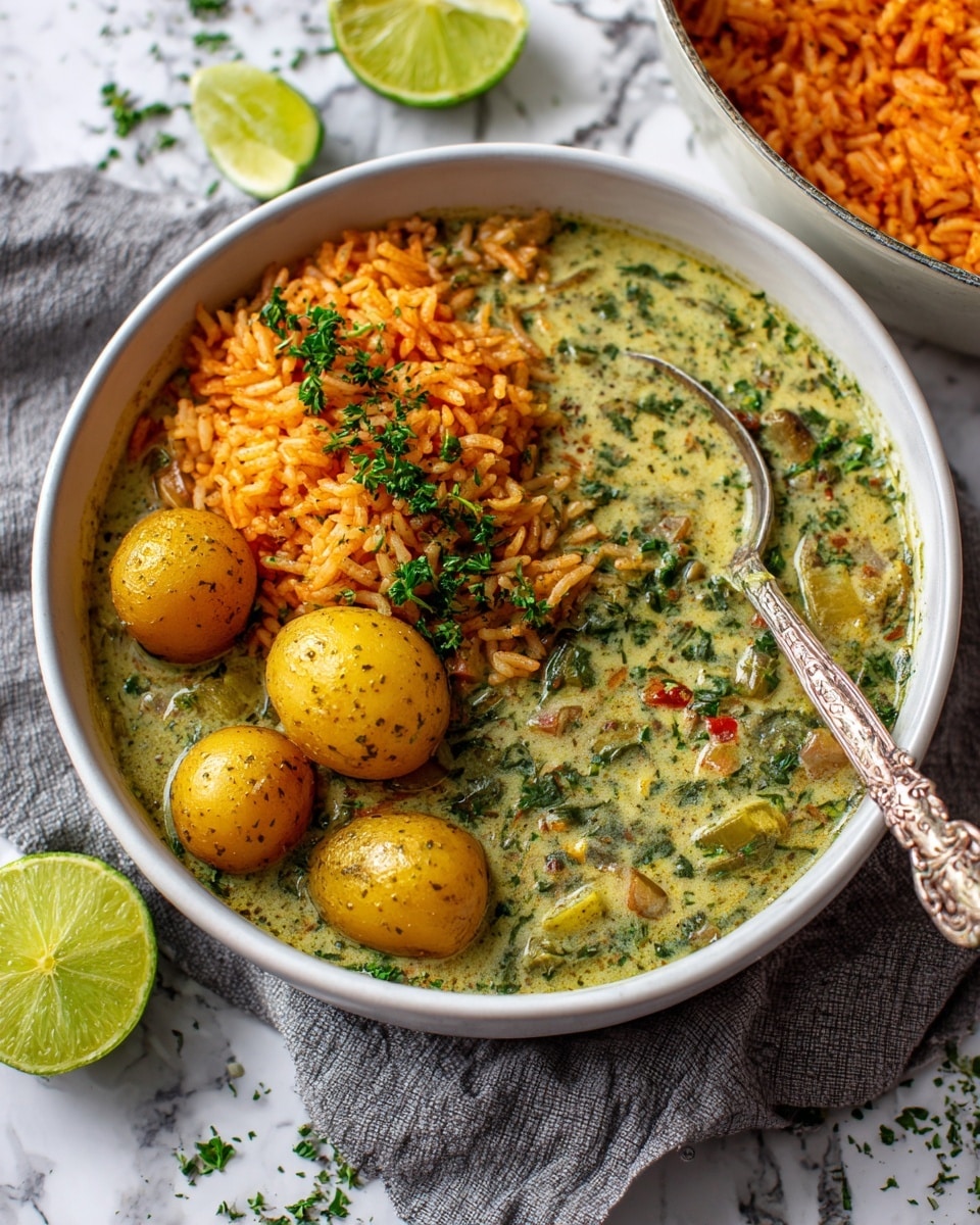 A white bowl filled with a thick green stew that has small potato halves and chopped herbs mixed inside. On top of the stew, there is a small heap of orange-red rice placed off-center. The dish is garnished with fresh green chopped herbs sprinkled over the stew and rice. A silver spoon is resting inside the bowl with its tip touching the rice. The bowl sits on a light gray cloth, and a white marbled surface is visible around it. There are cut lime halves and a small white bowl with a grainy substance placed nearby. Photo taken with an iphone --ar 4:5 --v 7