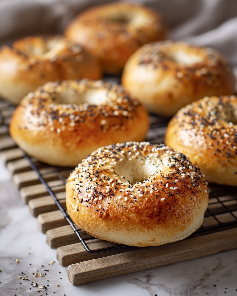 A close-up image of five round bagels resting on a black wire rack. Each bagel has a golden-brown top sprinkled with different seeds, including poppy seeds and sesame seeds, creating small dark and light speckles. The bagels have a soft, smooth texture with a slightly shiny crust and a well-defined hole in the center. The surface beneath the rack is a white marbled texture, adding contrast to the warm colors of the bagels. photo taken with an iphone --ar 4:5 --v 7