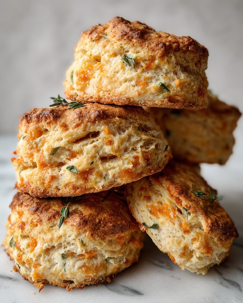A close-up view shows a pile of round scones with a rough, crumbly texture, folded in layers with a light golden-brown crust. The scones have an off-white base with orange pieces of cheese and small green herb flakes scattered throughout. Some scones are topped with small sprigs of fresh green thyme. They are placed closely together on a baking tray, and the background shows a white marbled texture blurred softly. photo taken with an iphone --ar 4:5 --v 7