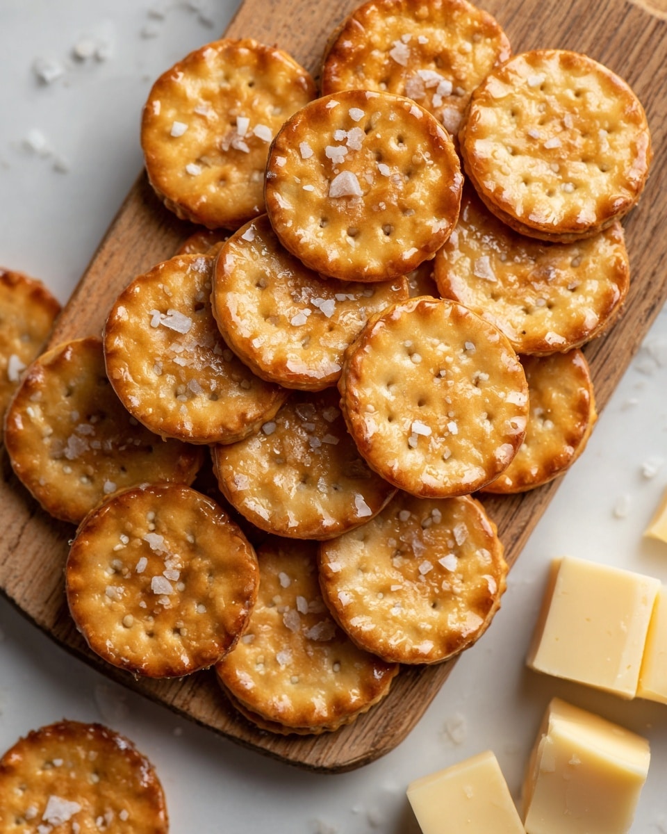 A pile of small, round golden-brown crackers placed on a light brown wooden board against a white marbled background, with a few coarse salt crystals sprinkled on the crackers and the board. To the right side of the frame, there are small pale yellow cheese cubes partially visible. The crackers show a slight shiny texture on top, indicating a light glaze, and they vary slightly in size, stacked casually. Photo taken with an iphone --ar 4:5 --v 7