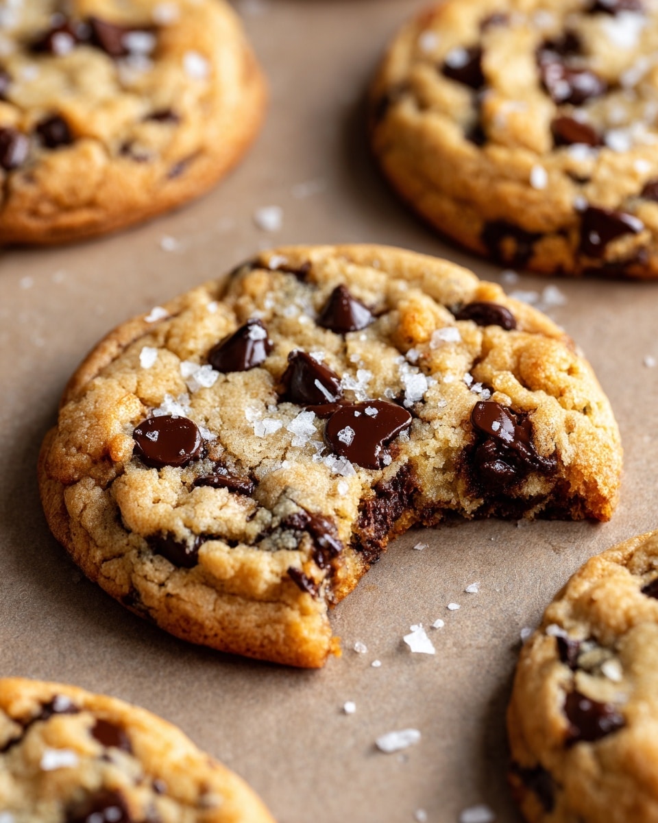 A close-up view of a thick, square chocolate chip cookie with a bite taken out of one corner. The cookie has a golden-brown top layer with a slightly crumbly texture, and scattered dark chocolate chips visible throughout the surface. There are some flakes of coarse salt sprinkled lightly on top. The cookie sits on a flat, light brown surface with other similar cookies blurred in the background. photo taken with an iphone --ar 4:5 --v 7