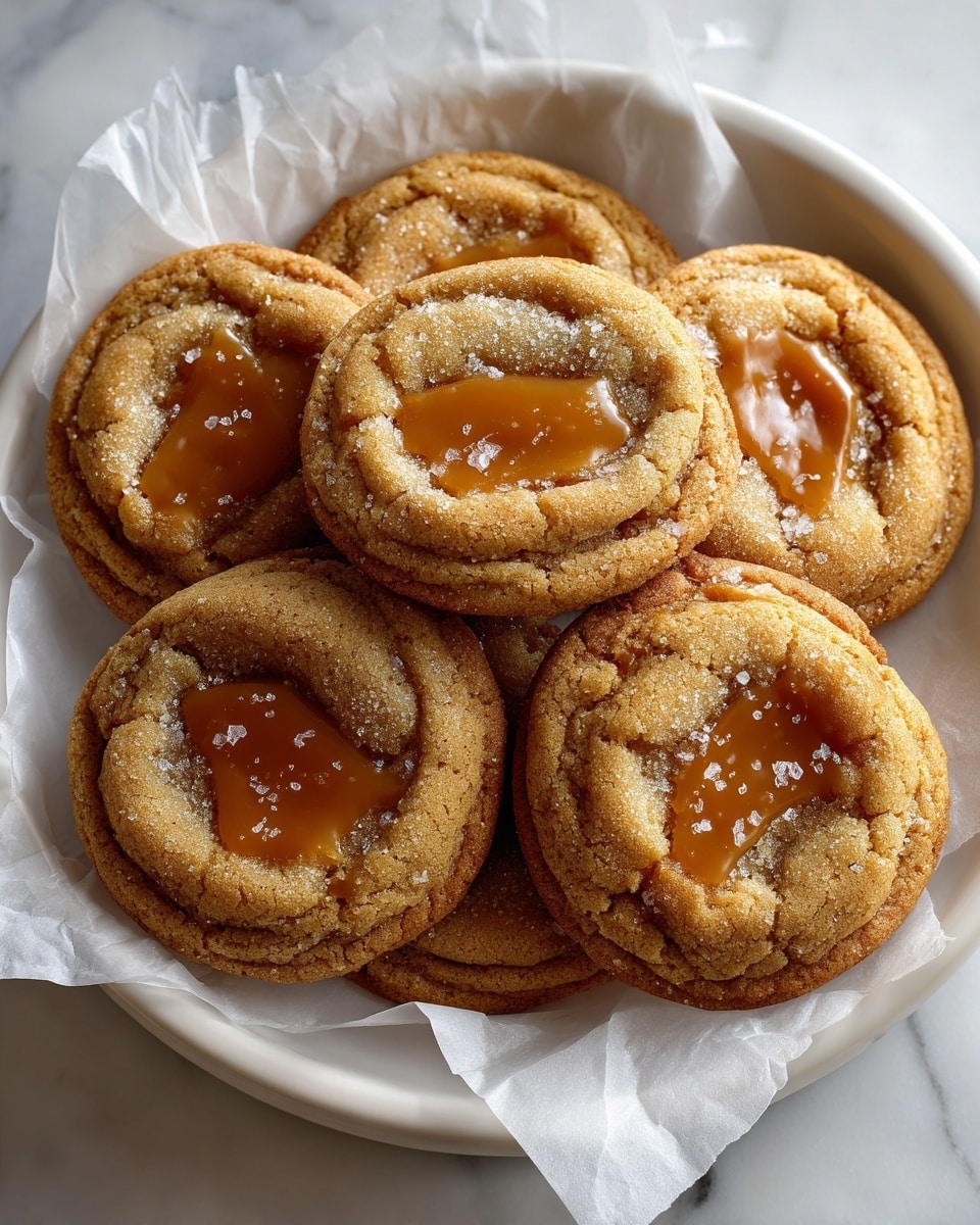 Six soft, round cookies with a golden-brown color are stacked closely on crinkled white parchment paper inside a white bowl. Each cookie has a slightly sunken center filled with a shiny caramel or syrup glaze that is light amber in color. The cookie edges are thick and gently cracked, showing a chewy texture, while the centers have a smooth, glossy look with some uneven patches of a lighter sugary topping. The bowl rests on a white marbled surface, highlighting the warm tones of the cookies. Photo taken with an iphone --ar 4:5 --v 7
