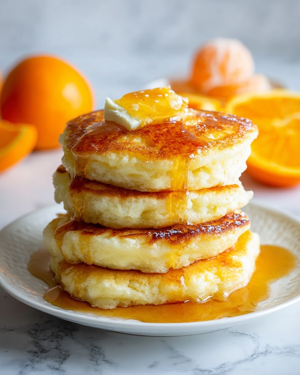 A stack of four thick, fluffy pancakes sits on a white plate, each pancake golden brown with a soft texture and slightly crispy edges. Between the layers, there is a light drizzle of syrup that glistens and adds a glossy shine. The top pancake is covered with a small pat of melting butter, which slowly spreads across its surface. Around the plate, there are pieces of orange and whole oranges blurred in the background, set on a white marbled surface. photo taken with an iphone --ar 4:5 --v 7