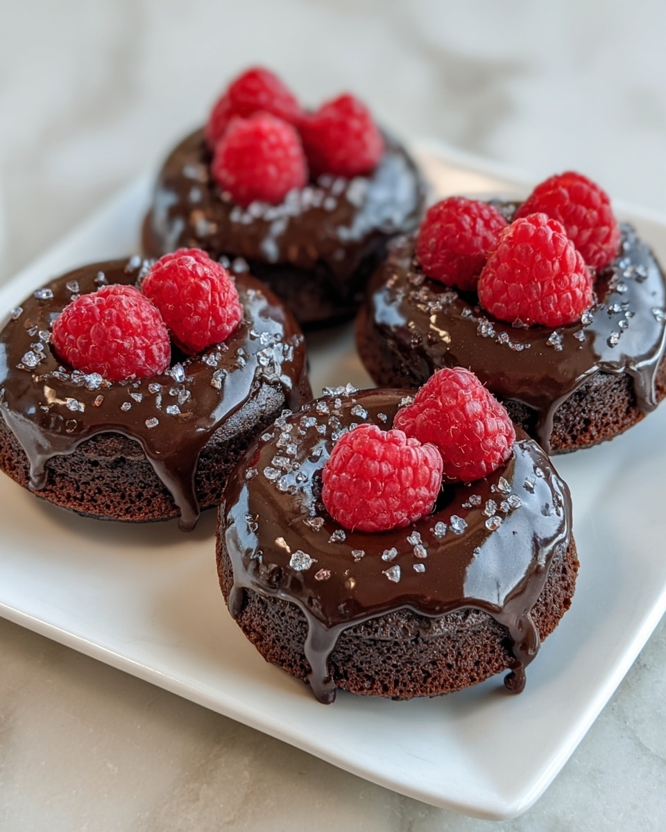 The image shows four round chocolate donuts on a white square plate, each donut having three bright red raspberries on top. The donuts have a dark brown, slightly rough textured base, covered with a thick, glossy dark chocolate glaze that drips slightly over the edges. On the glaze, there are small crystals of sugar and tiny chocolate bits scattered around the raspberries. The plate is set on a white marbled surface. photo taken with an iphone --ar 4:5 --v 7