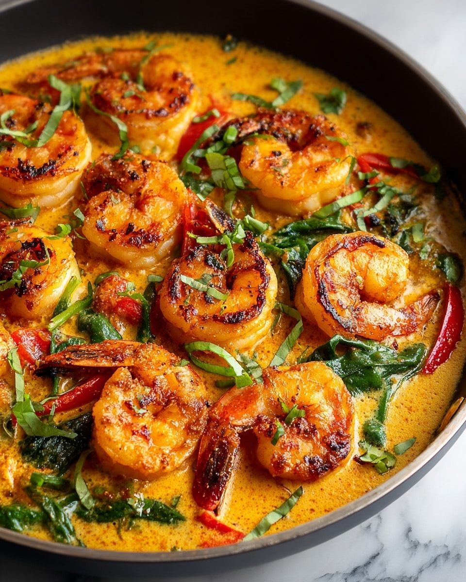 The dish is shown in a black pan filled with a creamy orange-yellow sauce as the base layer. On top of the sauce are plump, grilled shrimp arranged evenly, each with a golden-brown char giving a slightly crispy texture. Among the shrimp are thin slices of bright red bell peppers and wilted dark green spinach, adding color contrast and texture. The dish is garnished with fresh chopped green herbs, likely cilantro, scattered across the top. The sauce looks rich and smooth, partially covering the vegetables but leaving the shrimp mostly exposed. The background is a white marbled texture. photo taken with an iphone --ar 4:5 --v 7