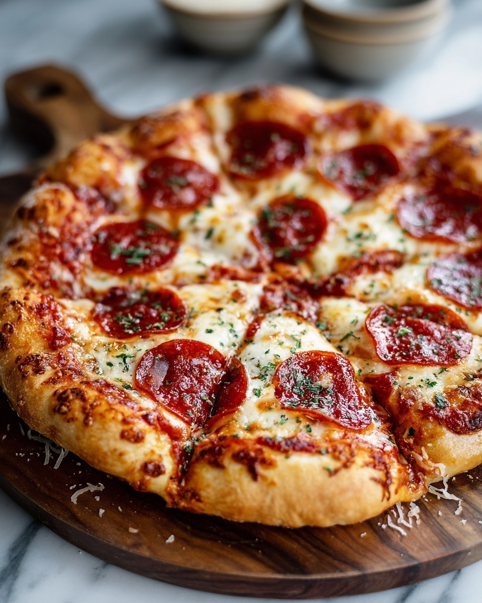 The image shows a pepperoni pizza with a puffy, golden-brown crust sitting on a wooden board. The pizza has a layer of red tomato sauce topped with melted creamy white cheese that covers the surface evenly, except near the crust. On top of the cheese, there are approximately nine round slices of pepperoni evenly spread out, each with a shiny, slightly oily texture and a reddish color. Small green herbs are sprinkled over the cheese and pepperoni. The scene is set on a white marbled surface with blurred background items, including bowls containing ingredients and a pizza cutter. Photo taken with an iphone --ar 4:5 --v 7