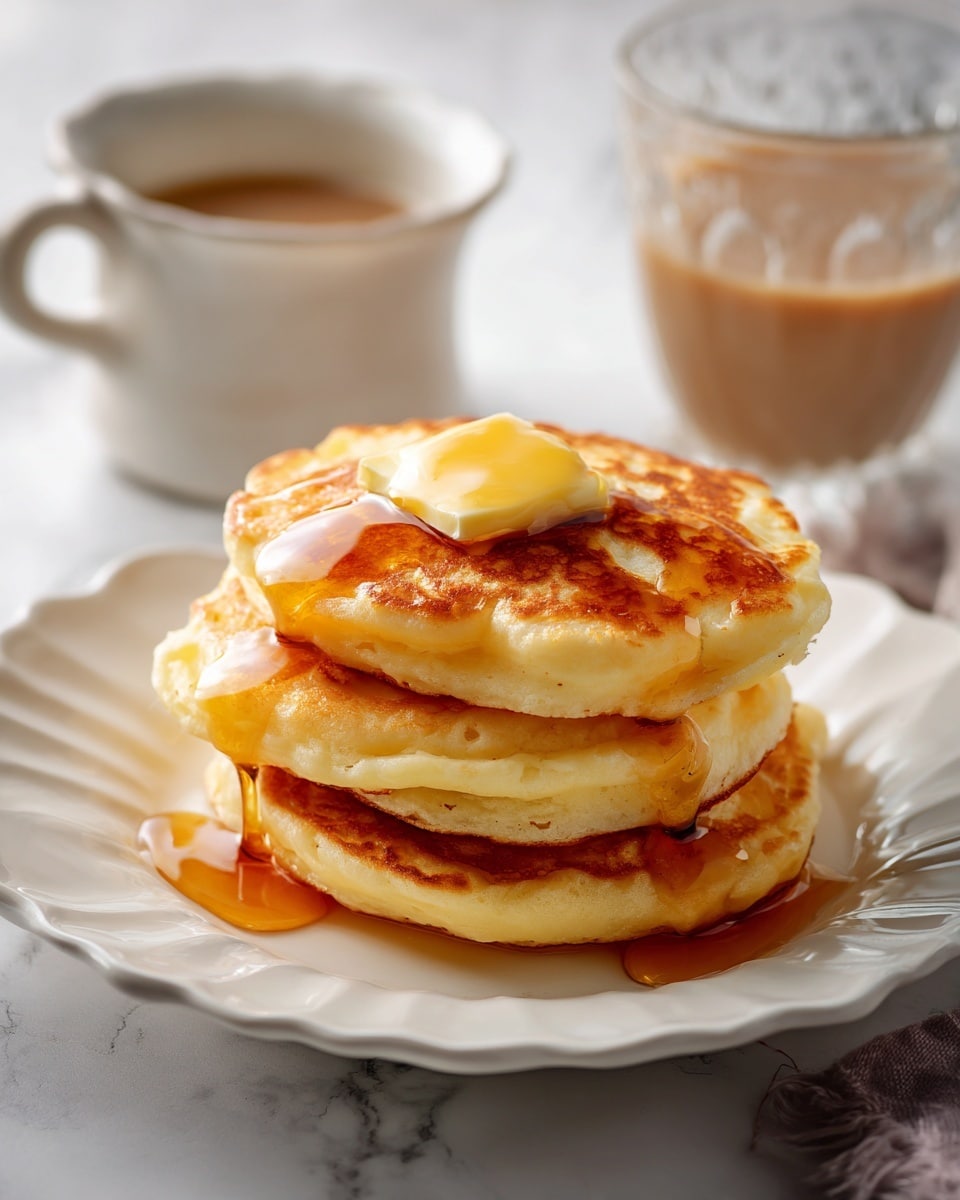 A stack of three golden brown pancakes sits in the center of a white scalloped plate on a white marbled surface. The pancakes are thick and fluffy with slightly darker edges and a smooth texture. On top, there is a small round pat of butter beginning to melt, with shiny syrup slowly dripping down the sides and pooling around the base. In the background, a clear textured glass filled halfway with a creamy light brown beverage is slightly out of focus. The scene is softly lit, highlighting the warm colors and glossy syrup. photo taken with an iphone --ar 4:5 --v 7