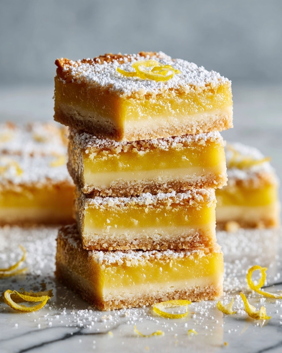 Four lemon bars are stacked on a white marbled surface, each bar having three layers: a crumbly golden brown crust bottom, a glossy thick pale yellow lemon filling in the middle, and a crumbly golden brown top layer dusted heavily with white powdered sugar. The lemon filling looks smooth and slightly shiny, while the crust layers appear rough and crumbly with some powdered sugar scattered around the bars. Small yellow lemon zest curls add a pop of color near the bars. photo taken with an iphone --ar 4:5 --v 7