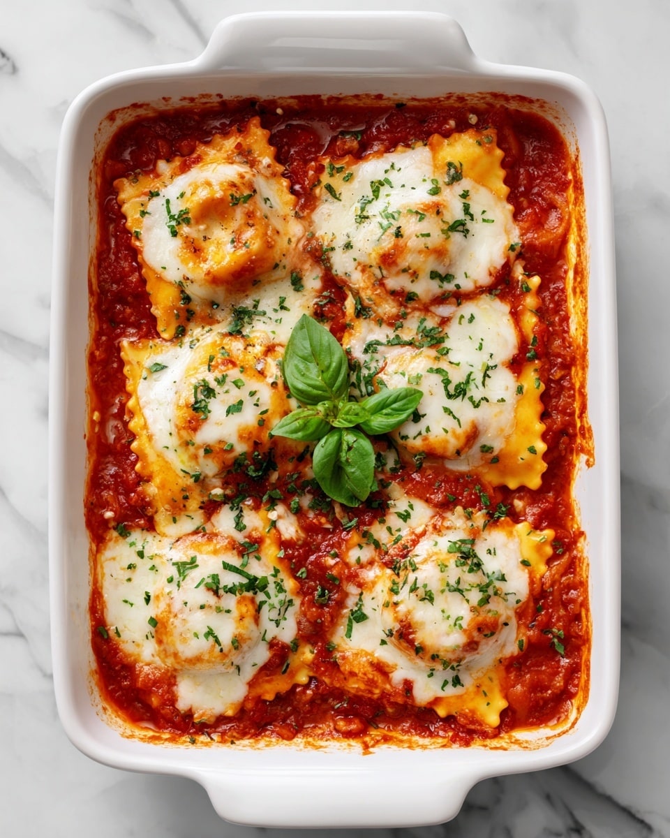 A white rectangular dish filled with one layer of large square ravioli covered in a bright red tomato sauce. The ravioli are topped with melted white mozzarella cheese that is soft and bubbling, sprinkled with green chopped herbs, and garnished with fresh basil leaves in the center. The sauce shows some small chunks of tomato around the edges, and the edges of the ravioli are slightly browned. The dish sits on a white marbled surface. Photo taken with an iphone --ar 4:5 --v 7
