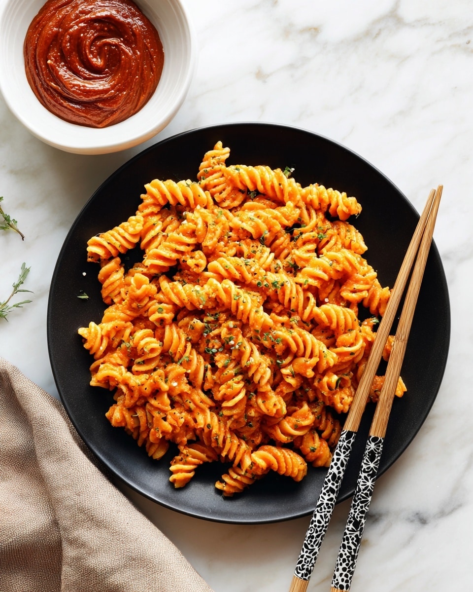 A white round bowl filled with curly rotini pasta coated in a smooth, glossy orange sauce, sprinkled with finely chopped green herbs on top; to the right side of the bowl, resting on the edge, are a pair of yellow and black chopsticks with white decorative patterns; beside the bowl, there is a small white bowl containing thick, dark red sauce with visible texture swirls, all placed on a white marbled surface with white fabric partially visible at the top left corner. photo taken with an iphone --ar 4:5 --v 7