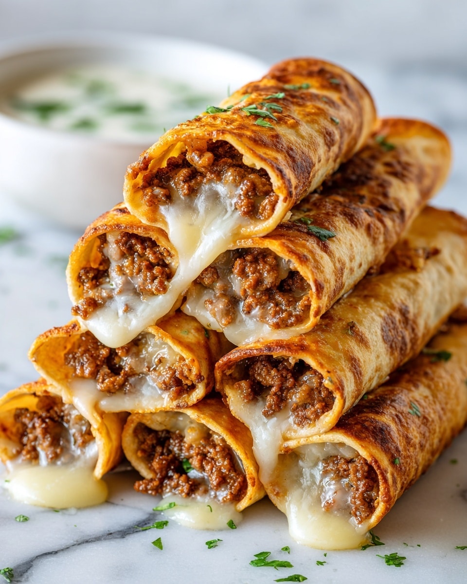 A stack of six rolled tacos filled with seasoned ground beef and melted cheese is shown closely. The tacos have a golden, crispy texture on the outside, with some parts showing a light browning. The melted cheese is rich and creamy, oozing slightly from the open ends, mixing with the brown beef. The tacos are placed on a white plate, and in the background, there is a small cup of white sauce with green herbs on top, all set on a white marbled surface. Photo taken with an iphone --ar 4:5 --v 7