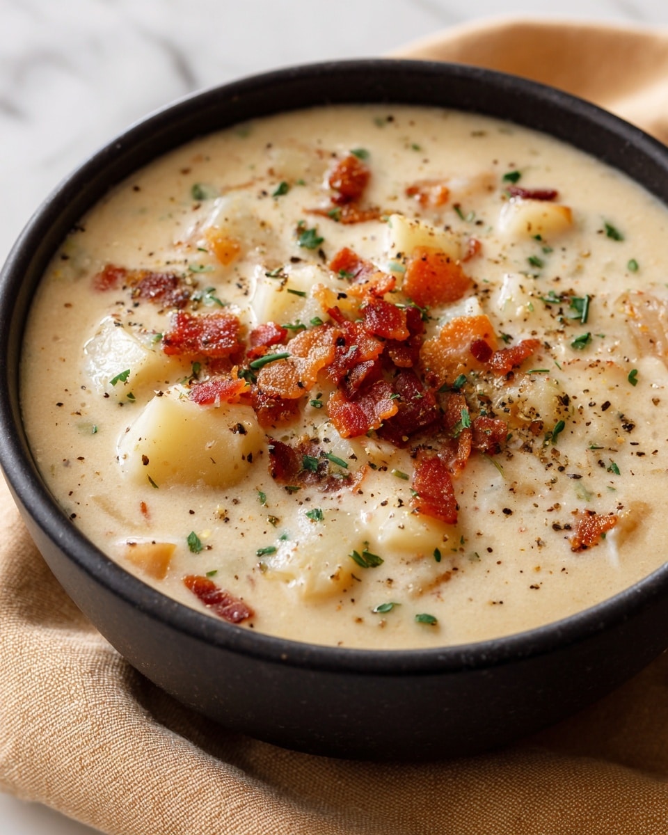 A close-up of a black bowl filled with creamy, light beige soup that has visible layers of small, soft potato chunks scattered generously throughout. There are bits of crispy, reddish-brown bacon sprinkled on top, along with a few small green herb pieces and a light dusting of black pepper. The soup’s texture looks smooth and thick, contrasting with the firmer potato and bacon pieces. The bowl sits on a soft tan cloth, set against a white marbled surface. photo taken with an iphone --ar 4:5 --v 7