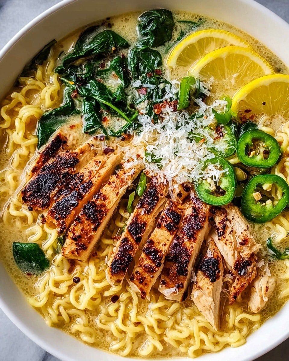 The dish is a bowl of ramen with three main layers: the bottom layer is curly yellow noodles filling the white bowl; the middle layer is a creamy broth soaking the noodles; the top layer includes sliced grilled chicken with a browned, spicy crust on two sides, dark green wilted spinach placed on opposite sides, sprinkled white grated cheese in the center, thin green slices of jalapeno scattered around, and two lemon wedges on the edge. The bowl sits on a white marbled surface. photo taken with an iphone --ar 4:5 --v 7