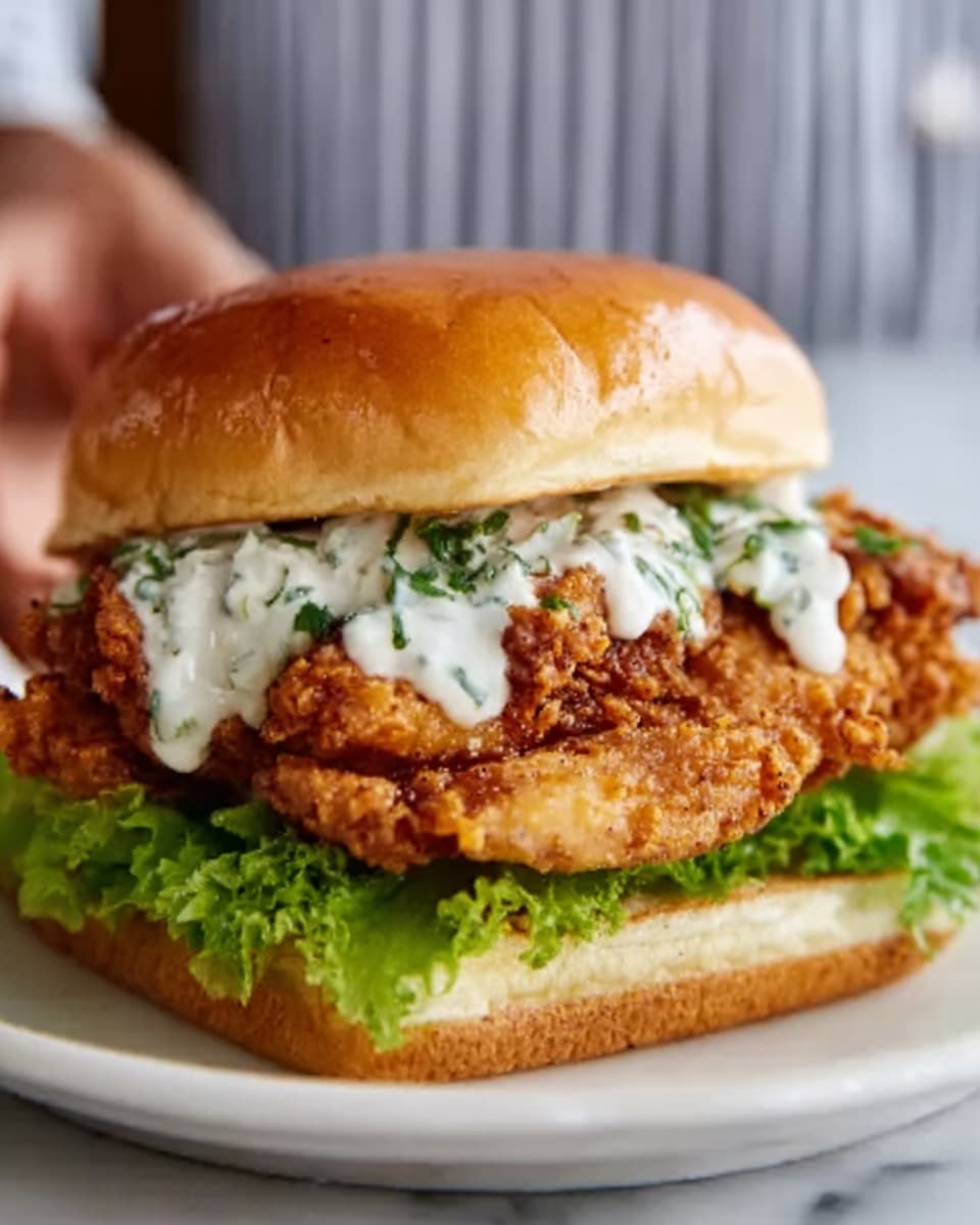 A close-up photo shows a fried chicken sandwich with three visible layers on a white bun. The bottom layer is bright green lettuce with a crinkled texture. On top of the lettuce is a large, crispy fried chicken fillet with a golden-brown, crunchy coating. Above the chicken is a drizzle of white sauce with green herb pieces, adding a creamy and fresh look. The sandwich is resting on a white plate placed over a white marbled surface. A woman's hand is partially holding the sandwich on the left side. Photo taken with an iphone --ar 4:5 --v 7