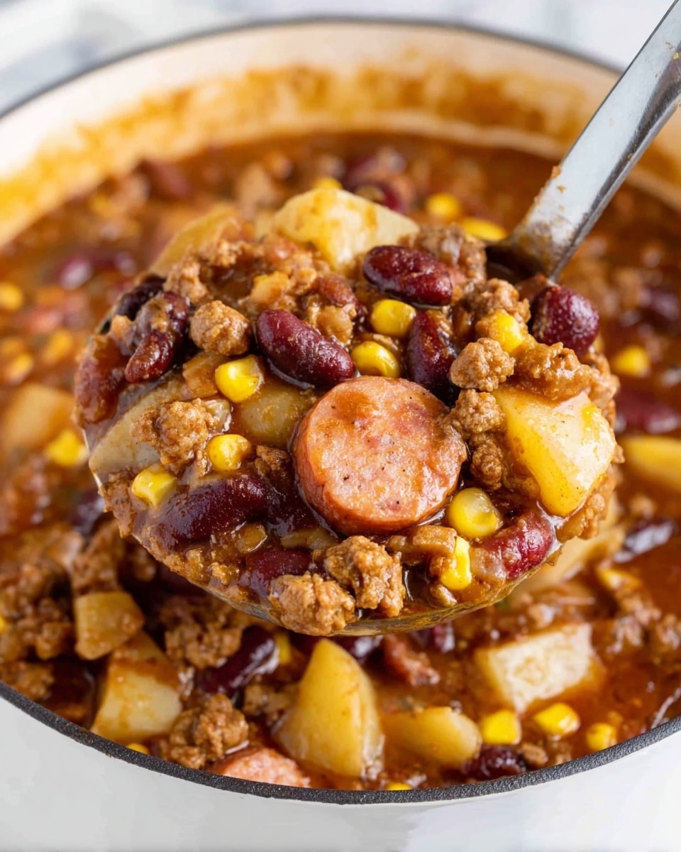 A close-up image showing a ladle full of a thick stew-like dish held above a white pot, filled with visible layers of cooked ground meat, round slices of sausage with a slightly browned surface, yellow corn kernels, dark red kidney beans, and small chunks of light-colored potatoes. The mixture is coated in a rich, glossy brown sauce that looks hearty and chunky. The pot sits on a white marbled surface. photo taken with an iphone --ar 4:5 --v 7