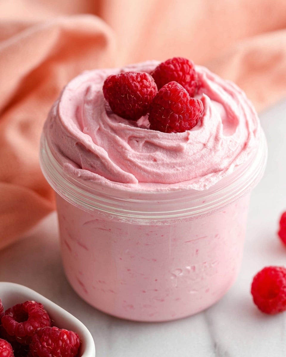 This image shows a clear glass jar filled with smooth, creamy pink raspberry mousse. The mousse is swirled on top with a soft texture visible from the gentle folds. Three fresh red raspberries are placed in the center on top of the mousse, adding a bright contrast. The jar is set on a white marbled surface with a soft peach cloth blurred in the background. A small white dish with more raspberries is partly visible on the side, and a few loose raspberries lie near the jar. photo taken with an iphone --ar 4:5 --v 7